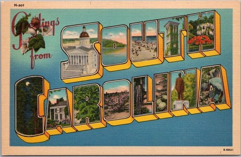 Vintage SOUTH CAROLINA Large Letter Postcard / Asheville Linen c1940s / Unused