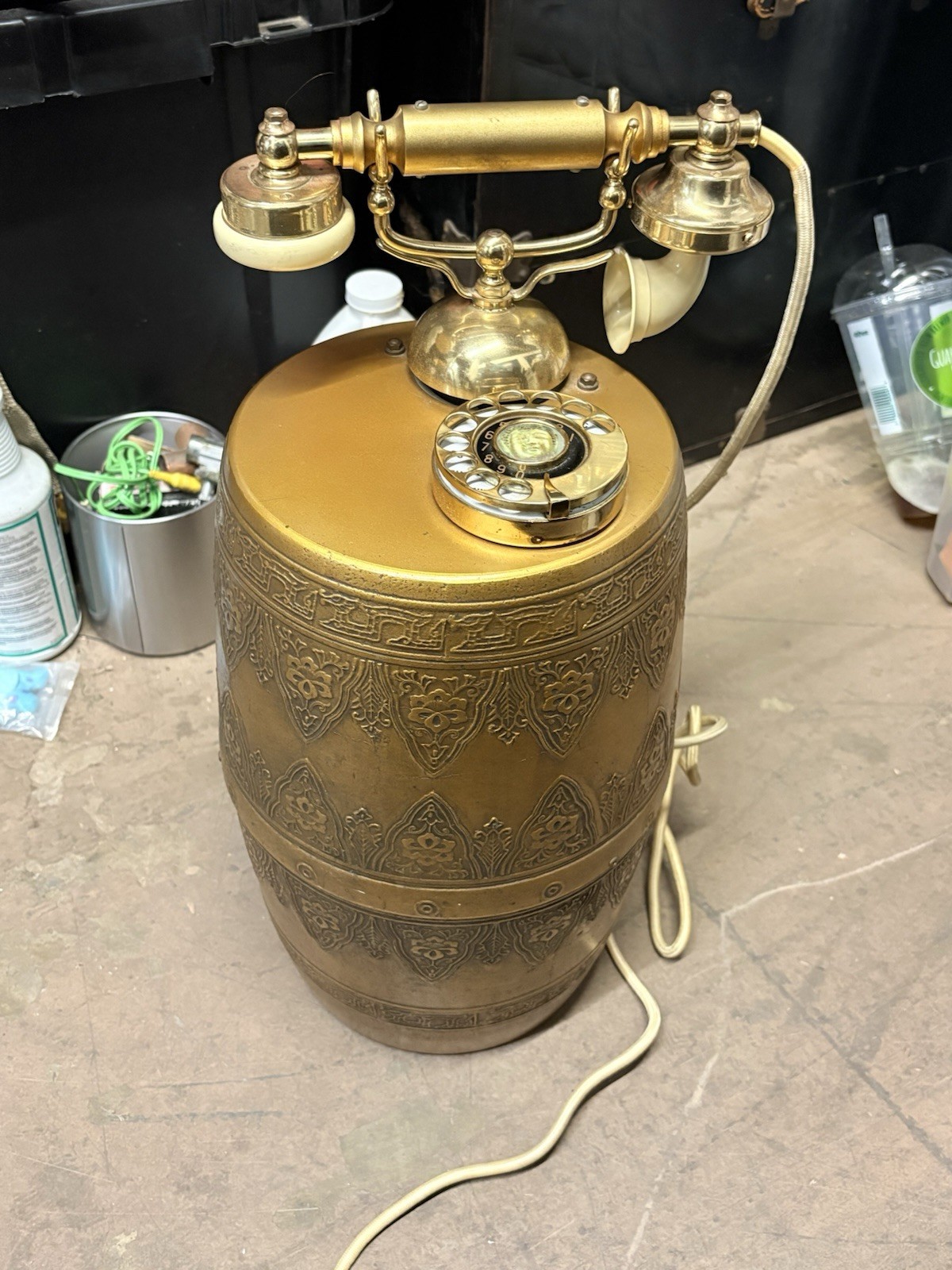 Vintage Style Ornate Gold Brass Tone Rotary Telephone Decorative Barrel Phone
