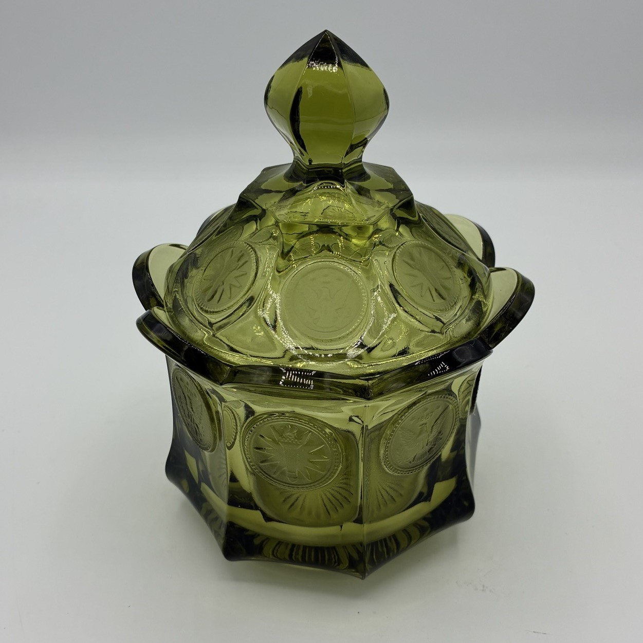Vintage Fostoria Coin Glass Candy Dish w Lid Avocado Green Eagle 1887 Pedestal Vintage Fostoria Coin Glass Candy Dish w Lid Avocado Green Eagle 1887 Pedestal