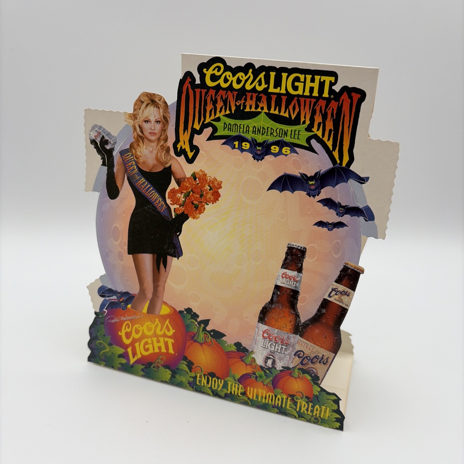 1996 Coors Light Beer Pam Anderson Queen of Halloween Standup Table Tent 1996 Coors Light Beer Pam Anderson Queen of Halloween Standup Table Tent