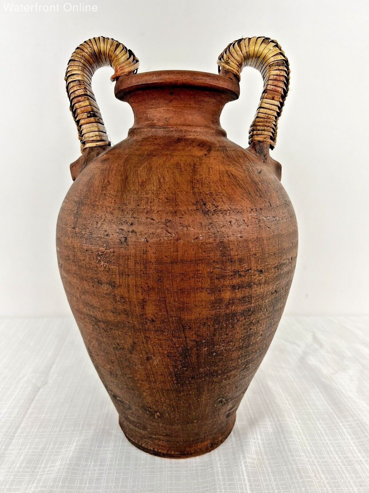 Vintage Large Brown Amphora Terracotta Vase w/ Wicker Rattan Handles
