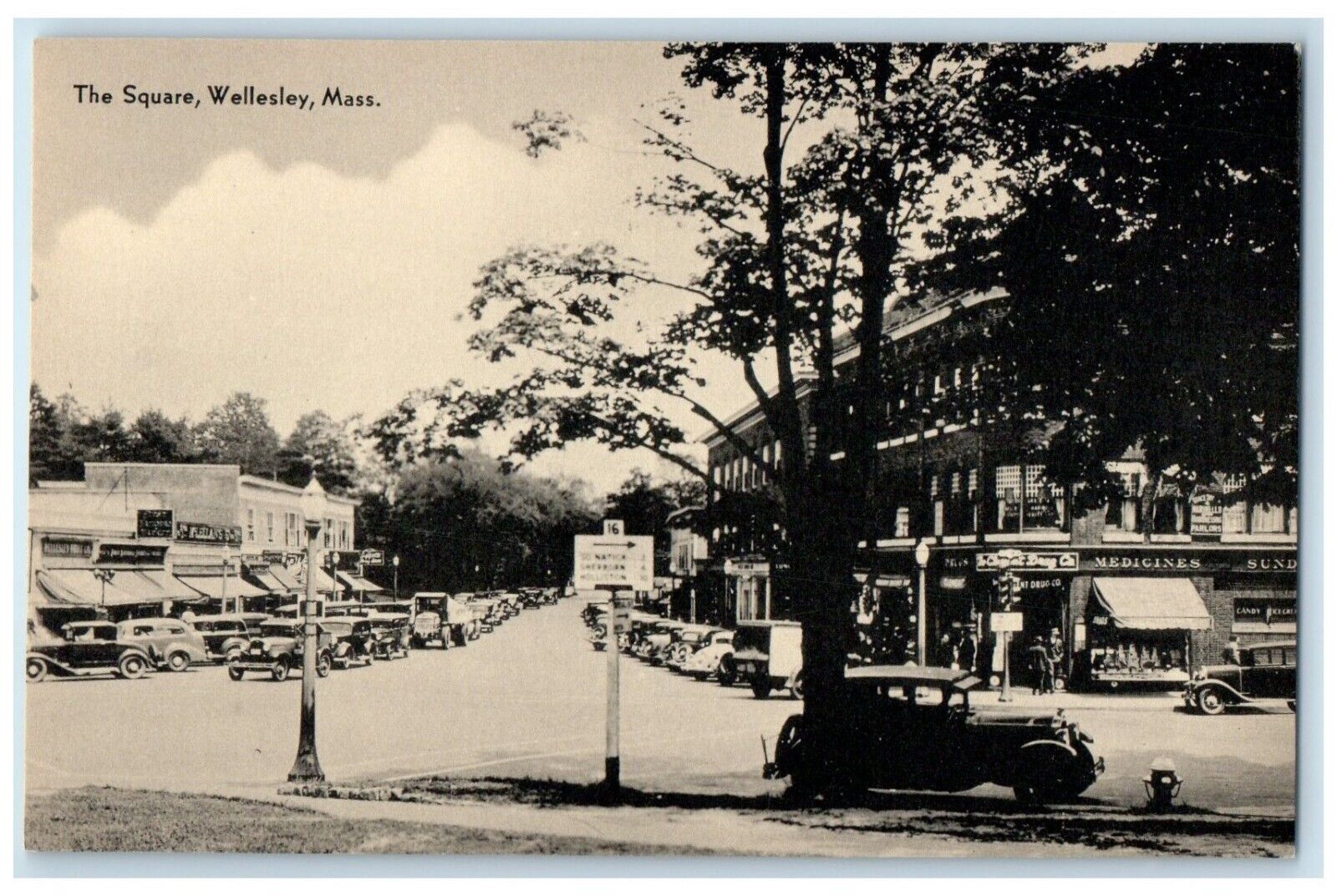 c1940 Square Exterior Building Classic Cars Wellesley Massachusetts MA Postcard