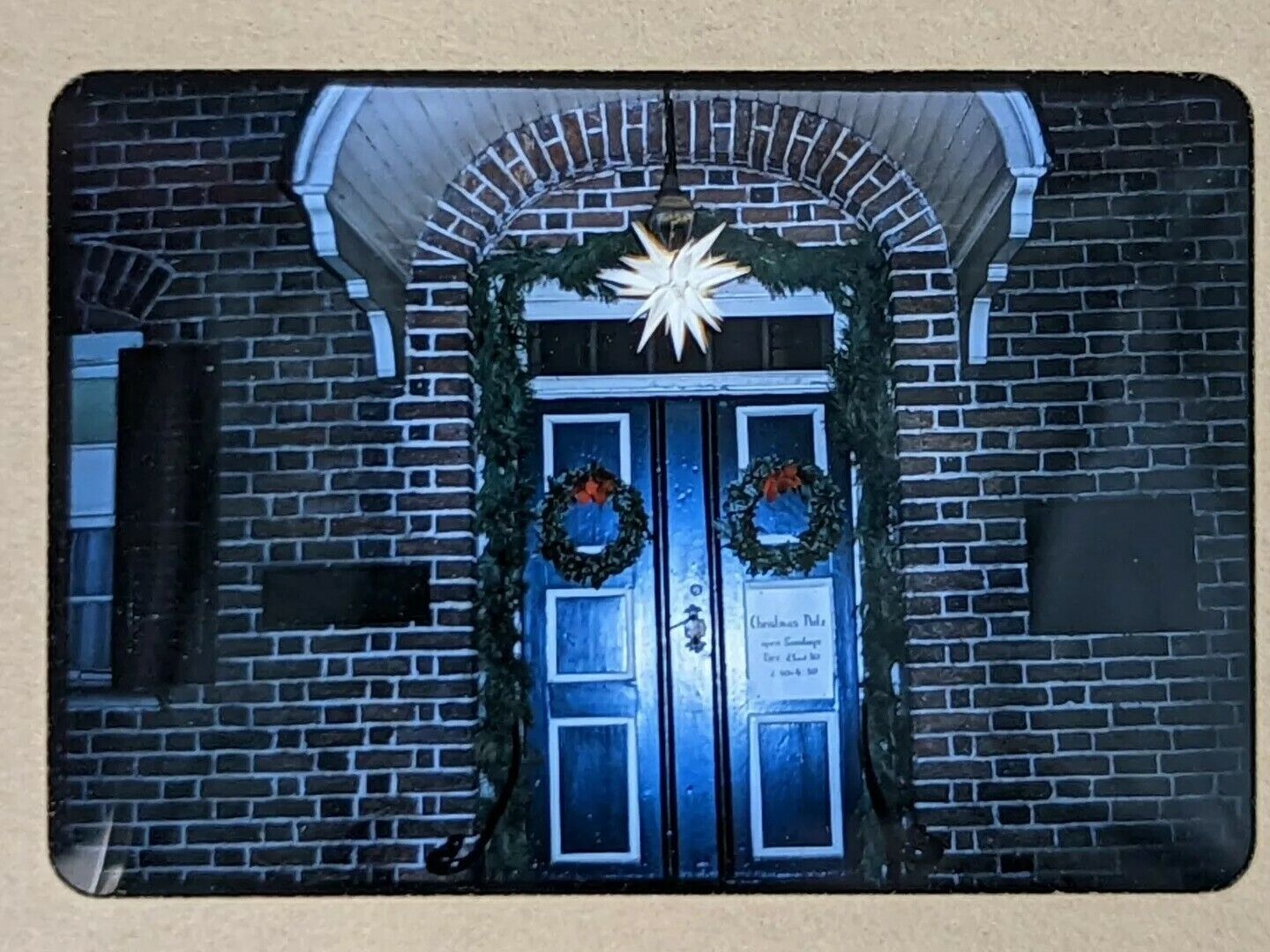 Photo Slide 1950s RED Border Kodachrome Christmas Star Moravian over front door