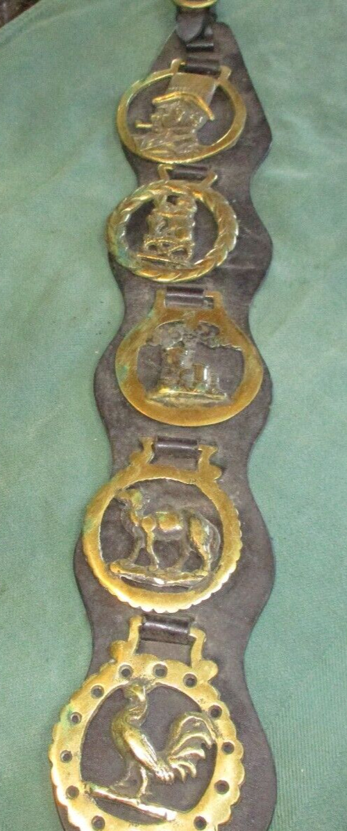 Five Vintage Horse Brass Medallions on  leather strap