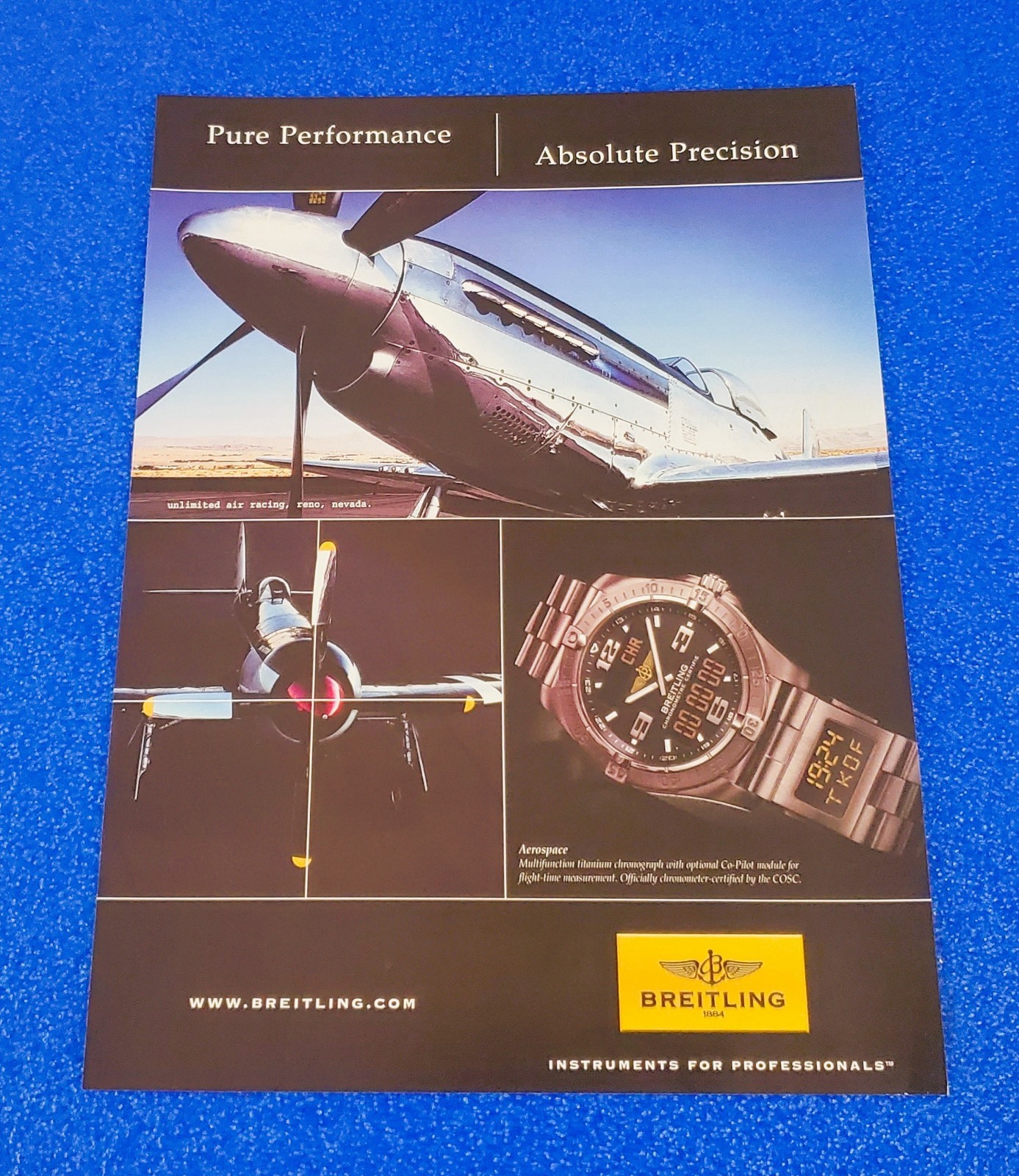 2007 Breitling Aerospace Titanium Watch Vintage Ad Reno Air Races P-51 Mustang