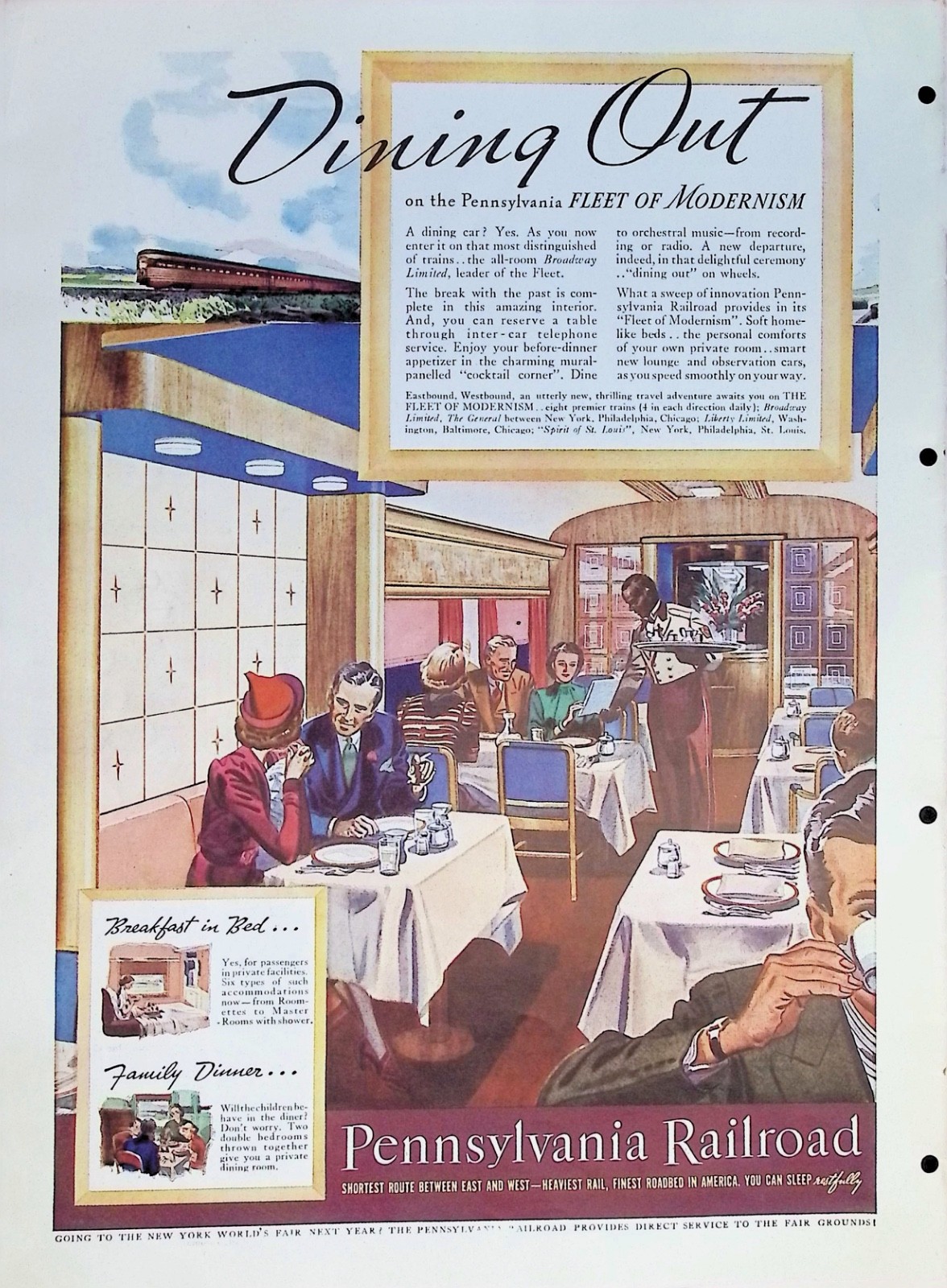 Original 1938 Pennsylvania Railroad Ad: Dining Car Interior Streamliner Train