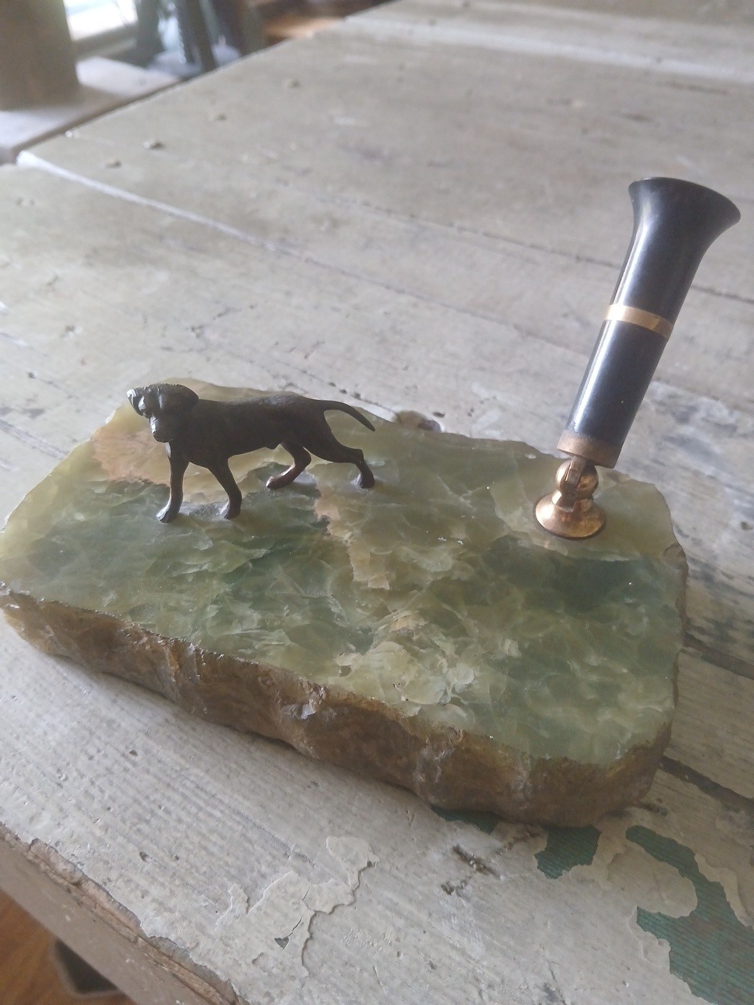 Antique Shaeffer Green Onyx Bronze Pointer Dog Desk Pen Holder Antique Shaeffer Green Onyx Bronze Pointer Dog Desk Pen Holder