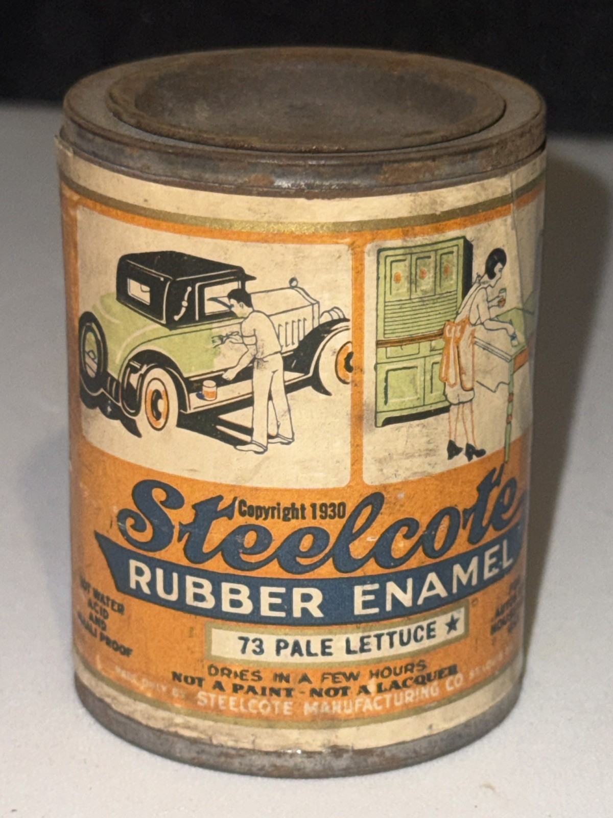 1930s Steelcote rubber enamel NOS full tin paper label car auto graphic RARE