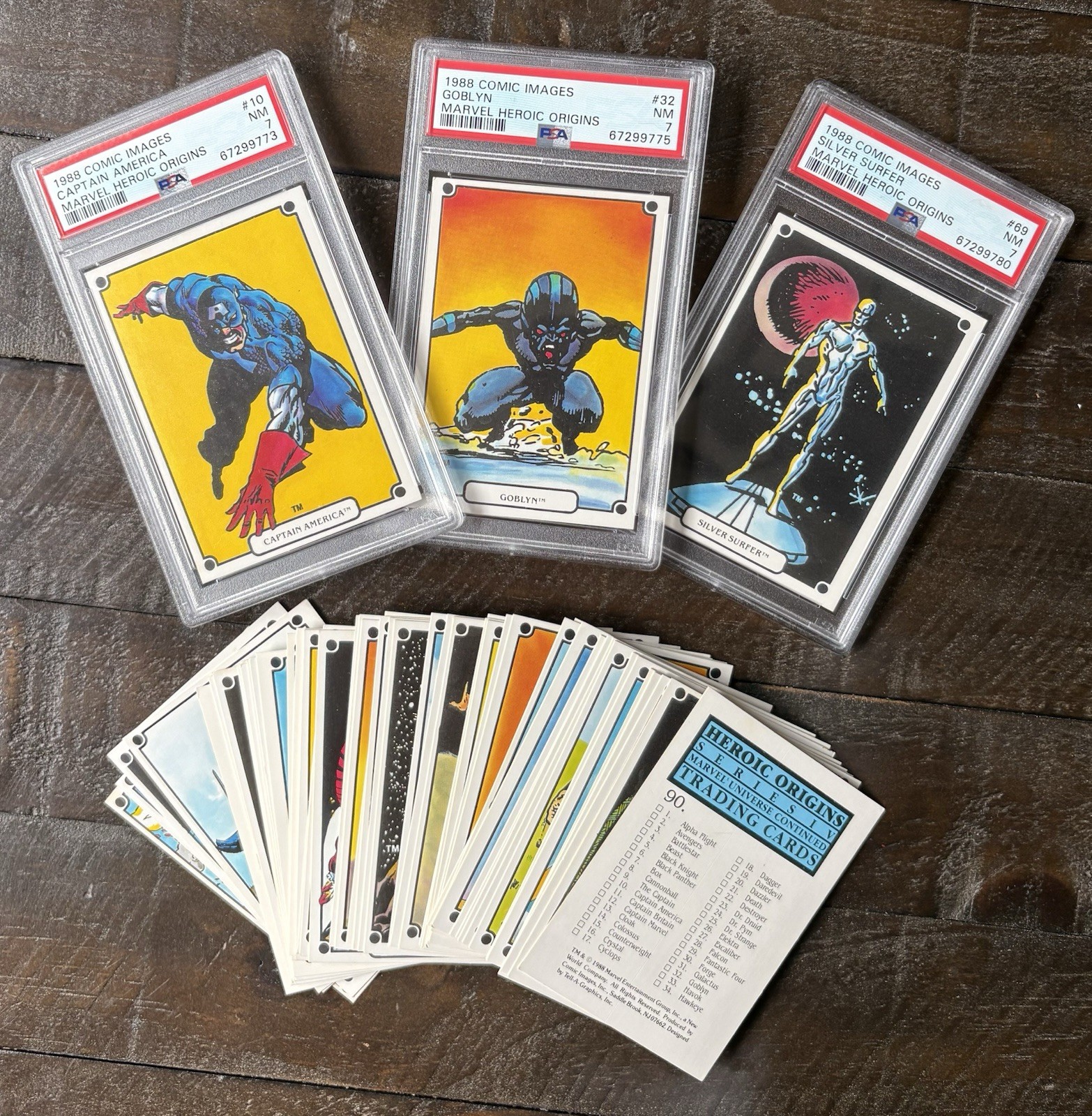 1988 Marvel Heroic Origins lot 53 cards (58% of set) including 3 graded PSA 7