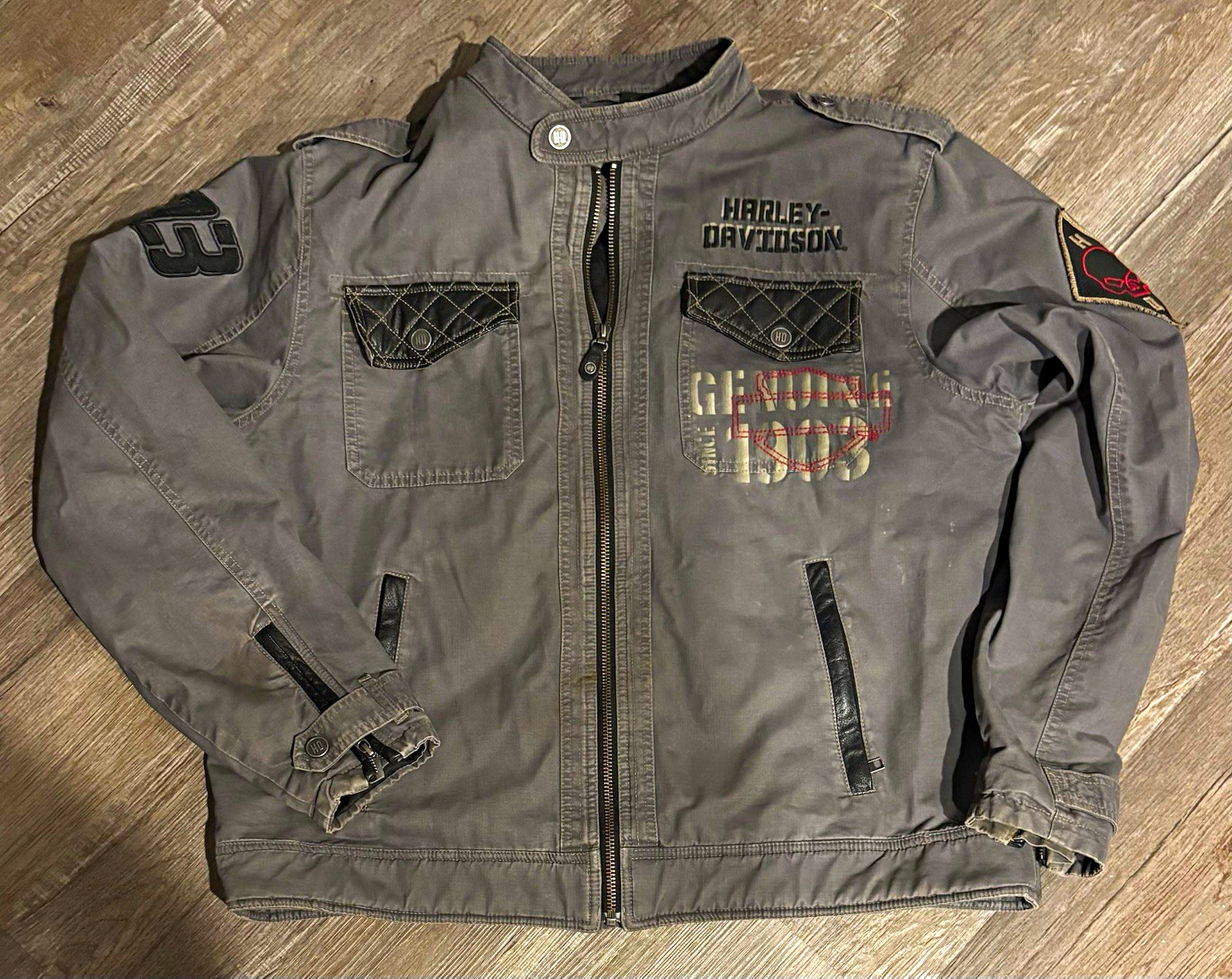 Harley-Davidson Men’s XL Gray Genuine MotorClothes Jacket Skull Patch 1903