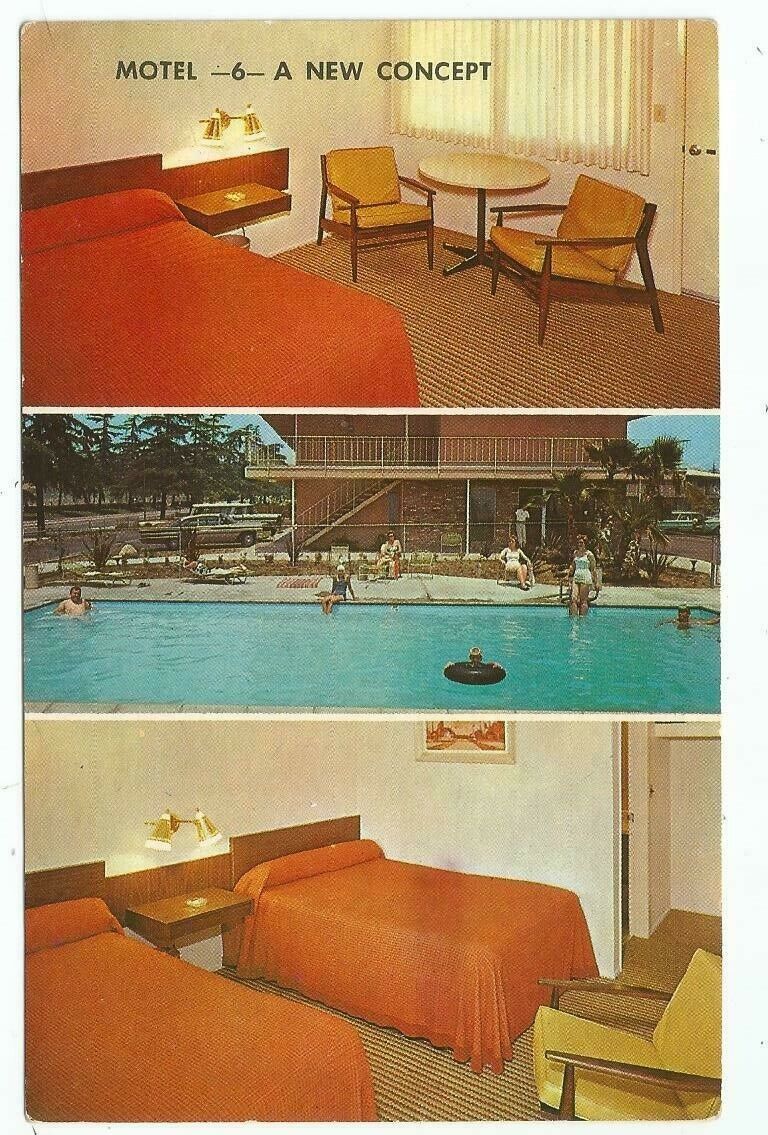 Early Motel 6 Advertising Postcard, 1960s, Interior and Exterior, Rate $6
