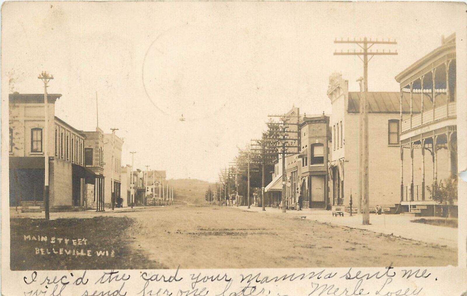 c1907 RPPC Belleville WI Main Street Scene, DPO 4 Dayton WI Green County
