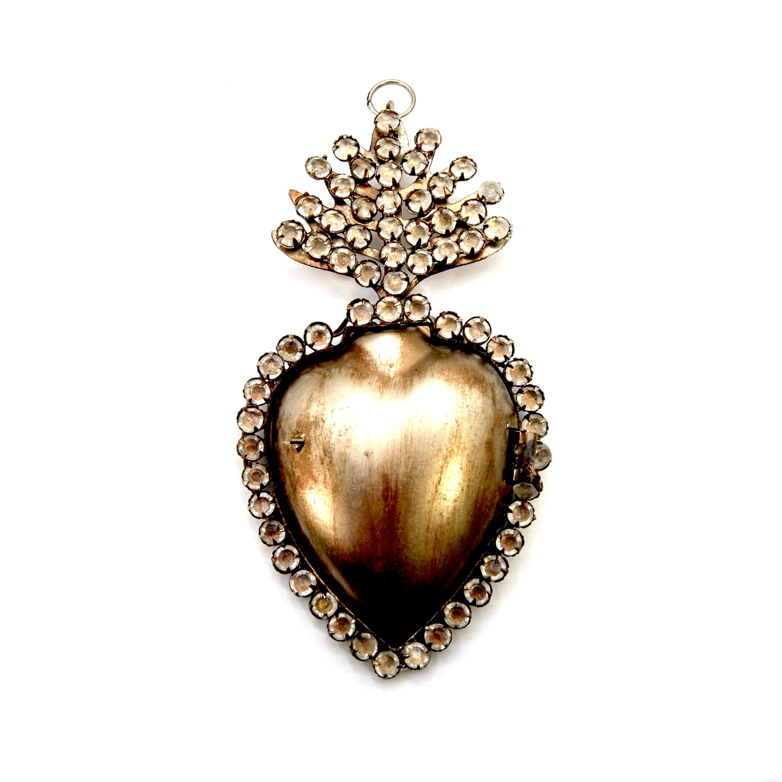 6in Rhinestone Sacred Heart Ex Voto Locket Ornament, Antiqued Silver Milagro