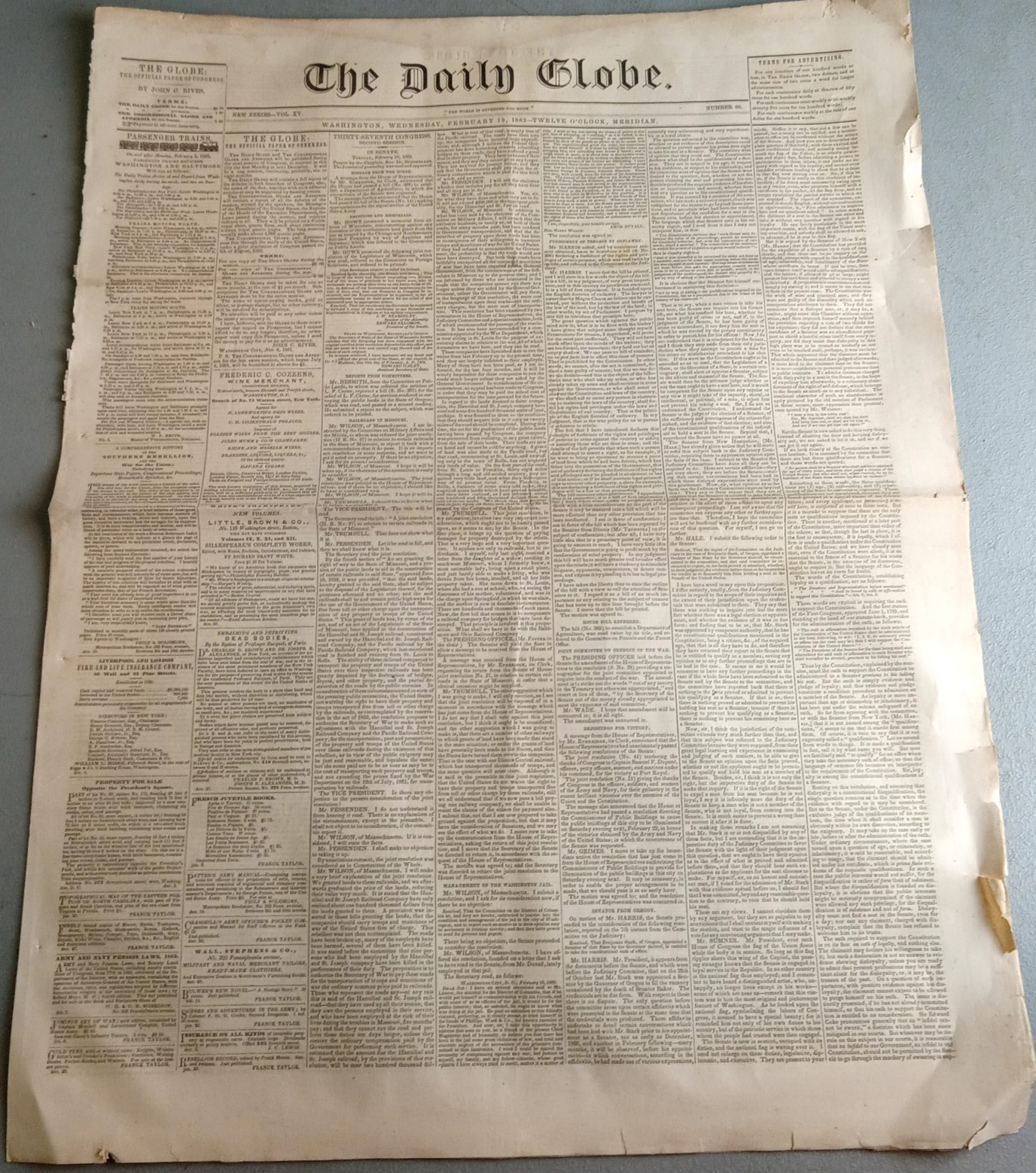RARE 1862 Civil War Newspaper The Daily Globe Washington DC Congress Record
