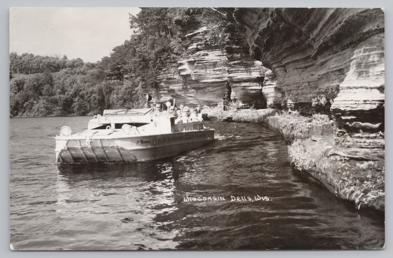 RPPC Wisconsin Dells, WI Boat Near Rock Cliff c1950 Real Photo Postcard