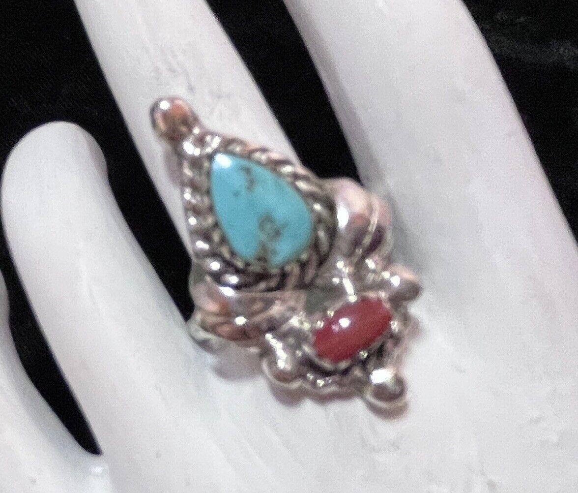 Navajo Sterling Turquoise And Coral Ring #908