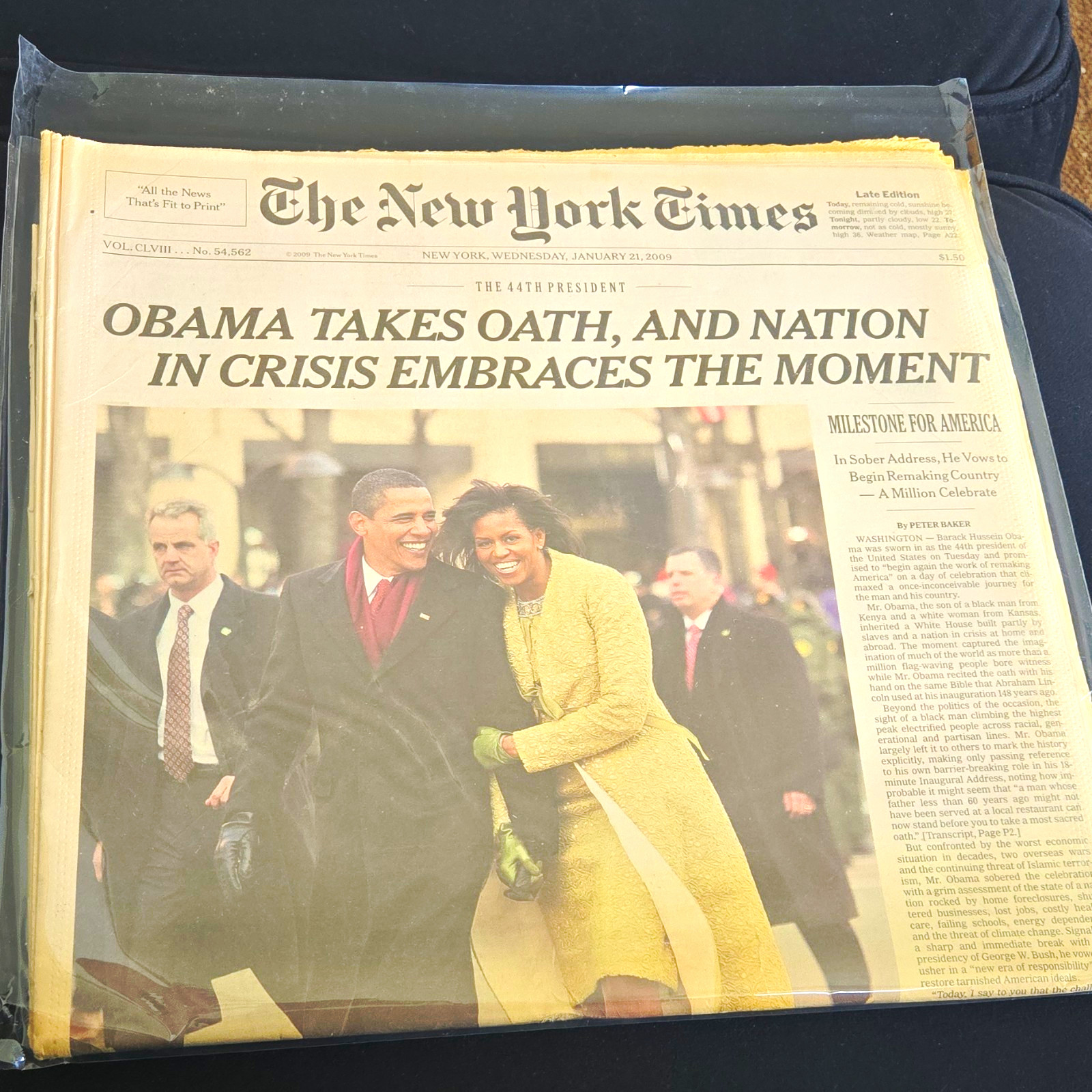 The New York Times January 21, 2009 - Obama Takes Oath Front Page