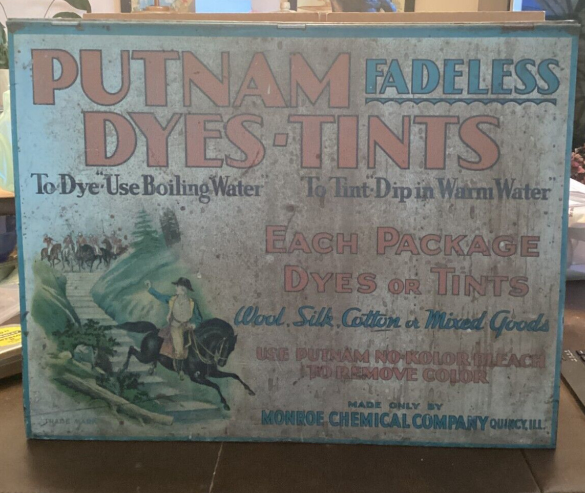 Putnam's Fadeless Dyes-Tints antique Store Counter Display Cabinet Metal/Wood