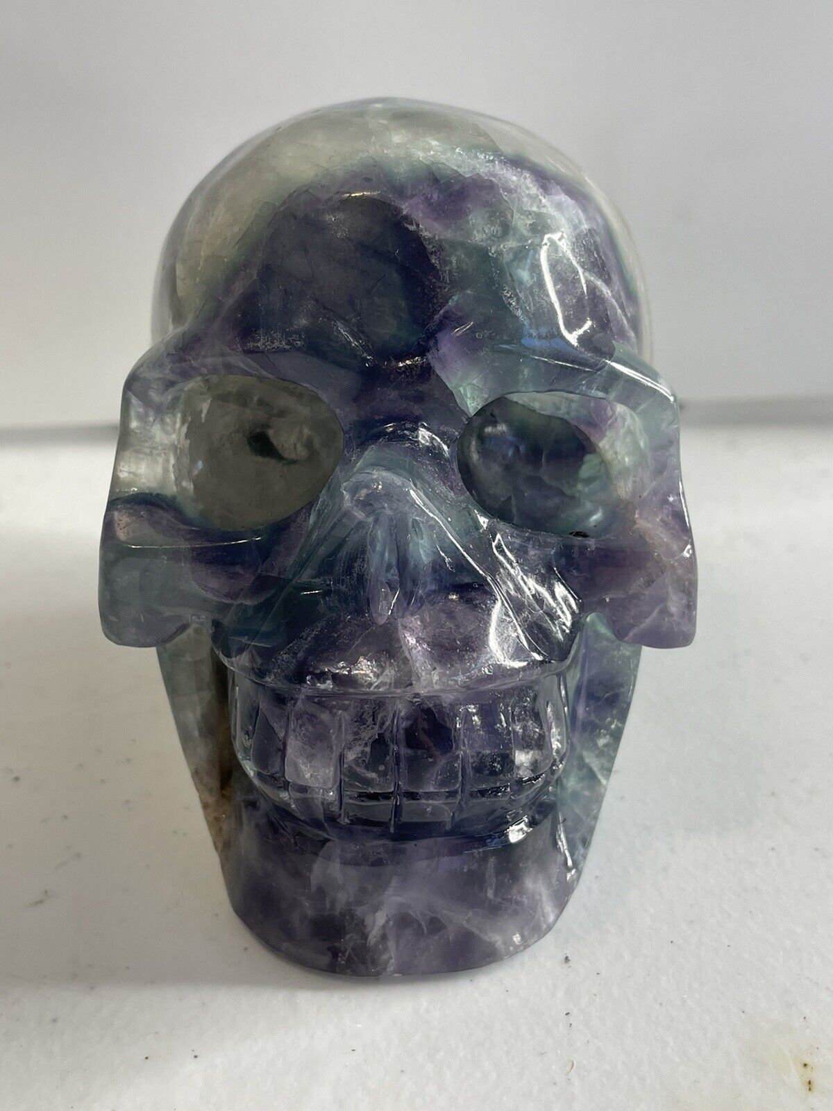 3.5 Lb Polished Rainbow Fluorite Skull Hand Carved Crystal Skull Fluorescent UV