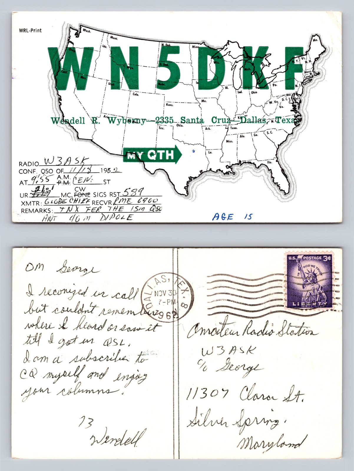 Ham Radio QSL QSO Postcard WN5DKF, Dallas, TX, USA