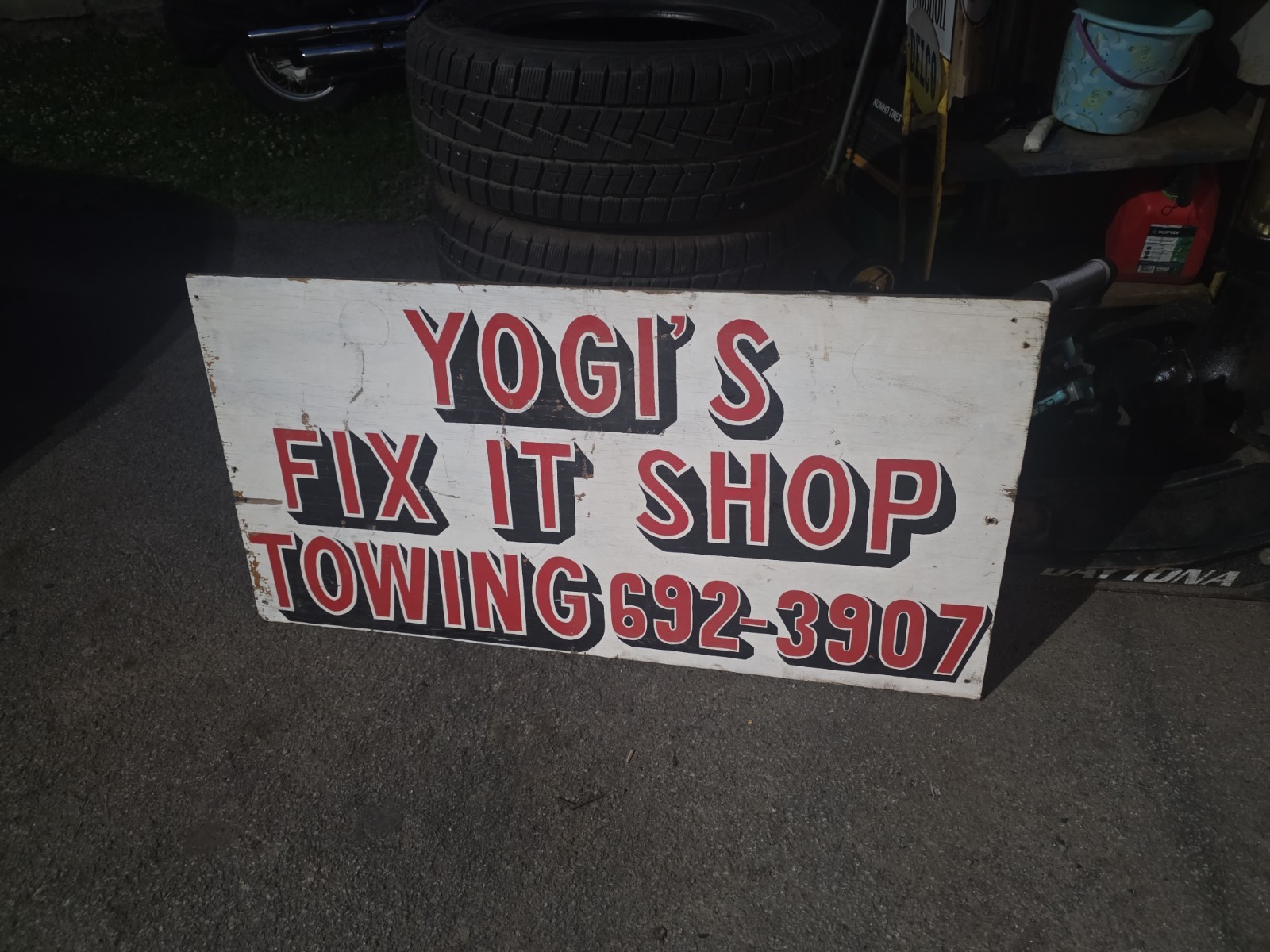 Vintage Sign Wood 4'x2' Yogi's Fix It Shop Towing Vintage Sign Wood 4'x2' Yogi's Fix It Shop Towing