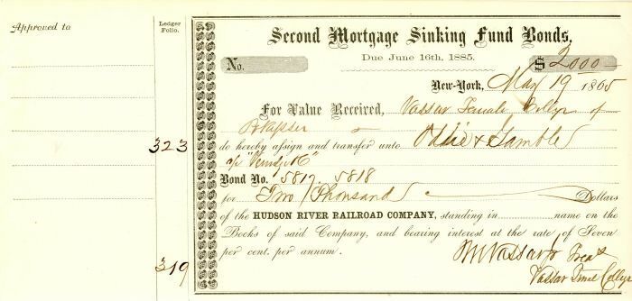 Hudson River Railroad Co. signed by Matthew Vassar Jr. - Stock Certificate - Aut