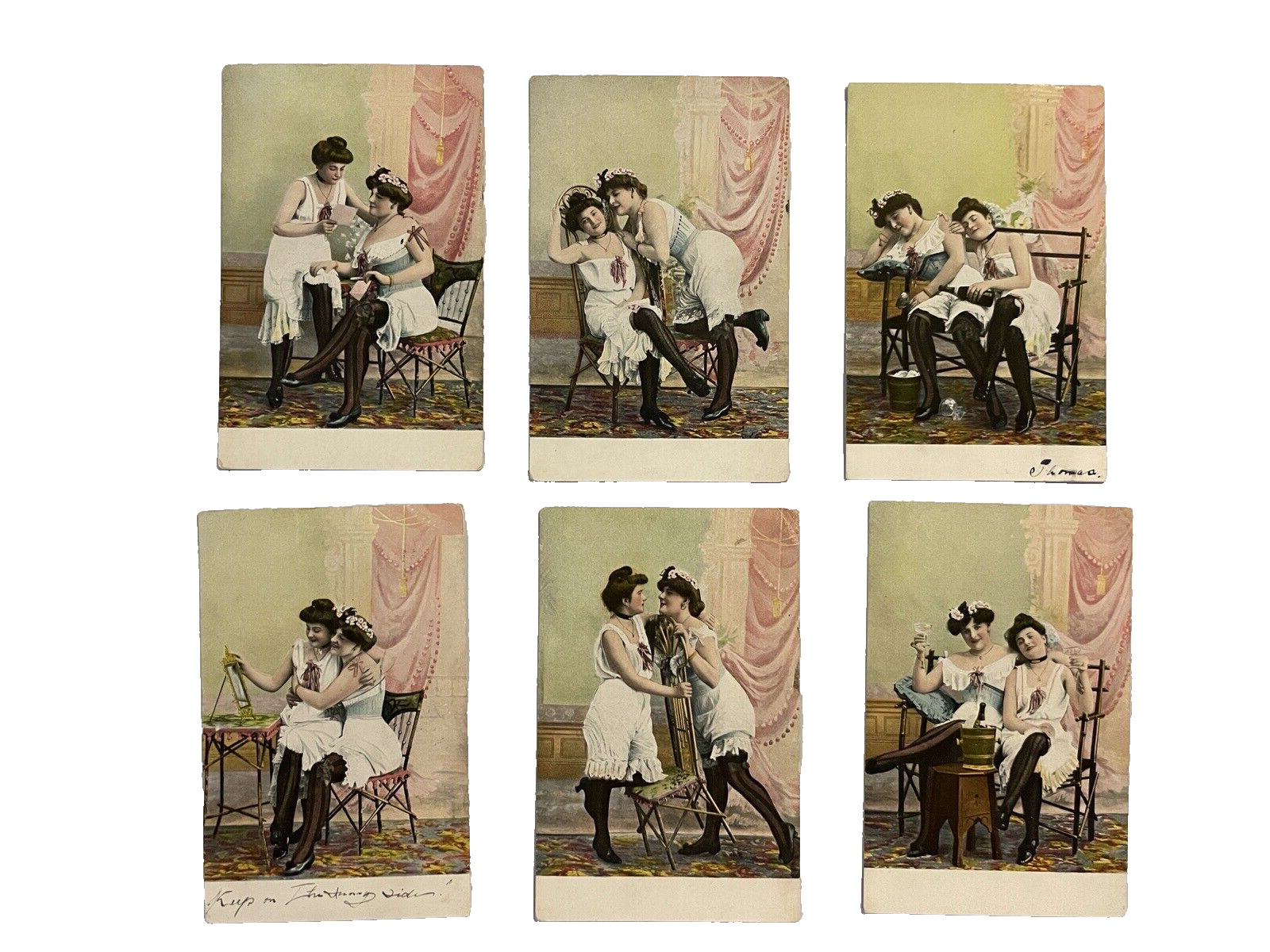 Postcards German 2 Woman in Lingerie Story Set of 6 Early 1900s 2 Used Color