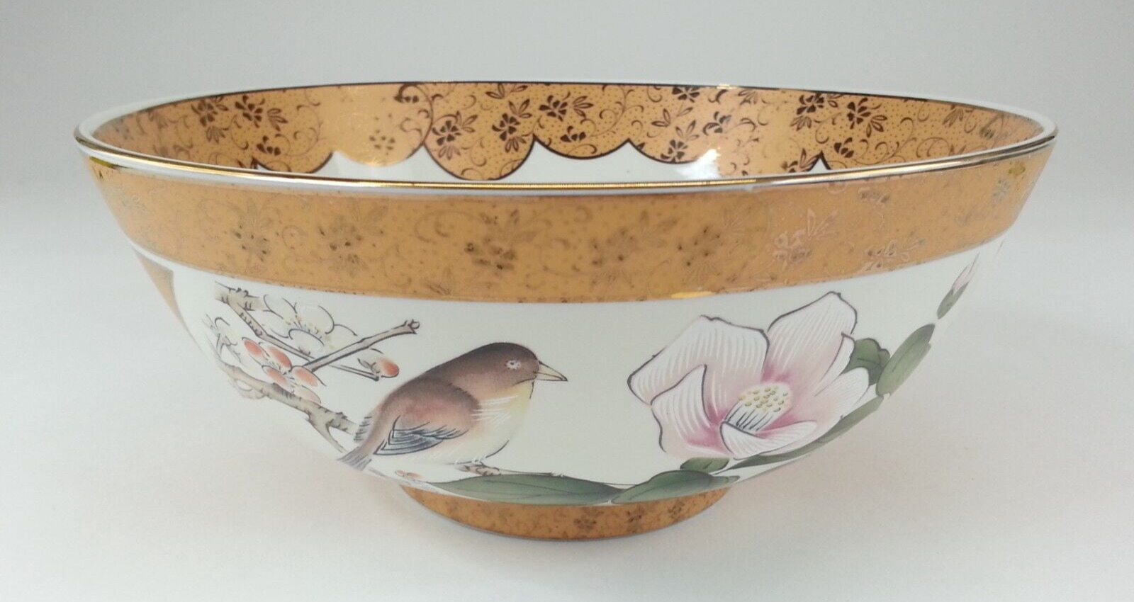 Vintage Asian Chinese Decorative Bowl Bird Flower And Goldtone