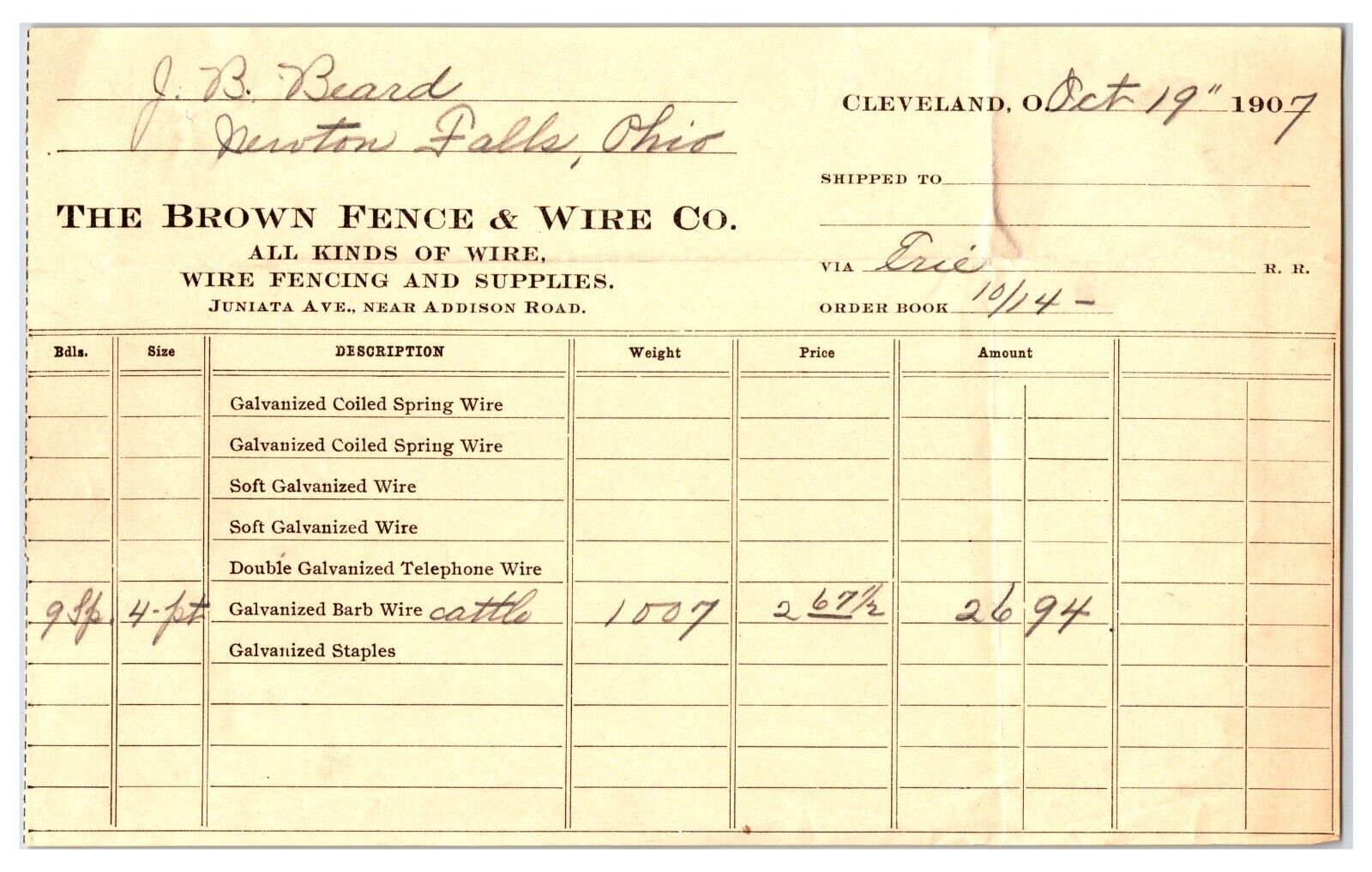 1907 - The Brown Fence & Wire Co. - Cleveland, Ohio - Store Receipt *Rare Paper*
