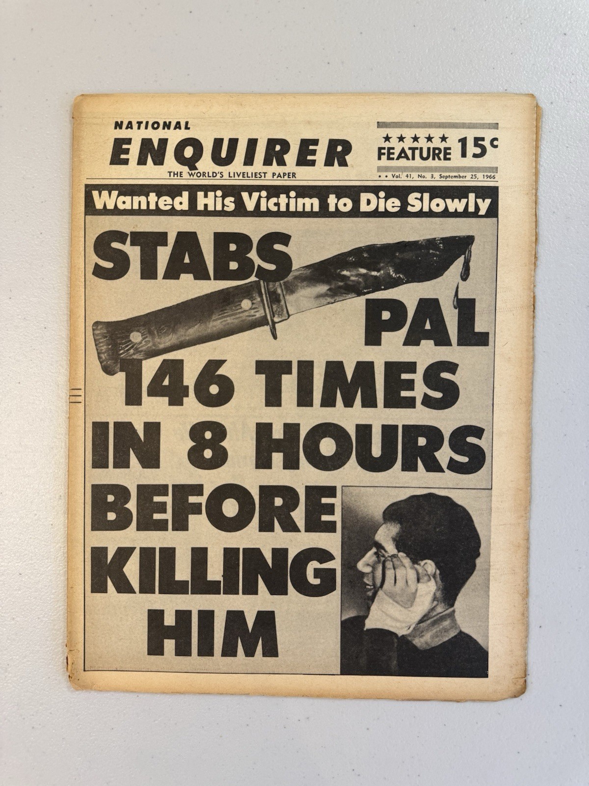 1966 September 25th National Enquirer Newspaper, Stab Victim Dies Slowly (VRN7)