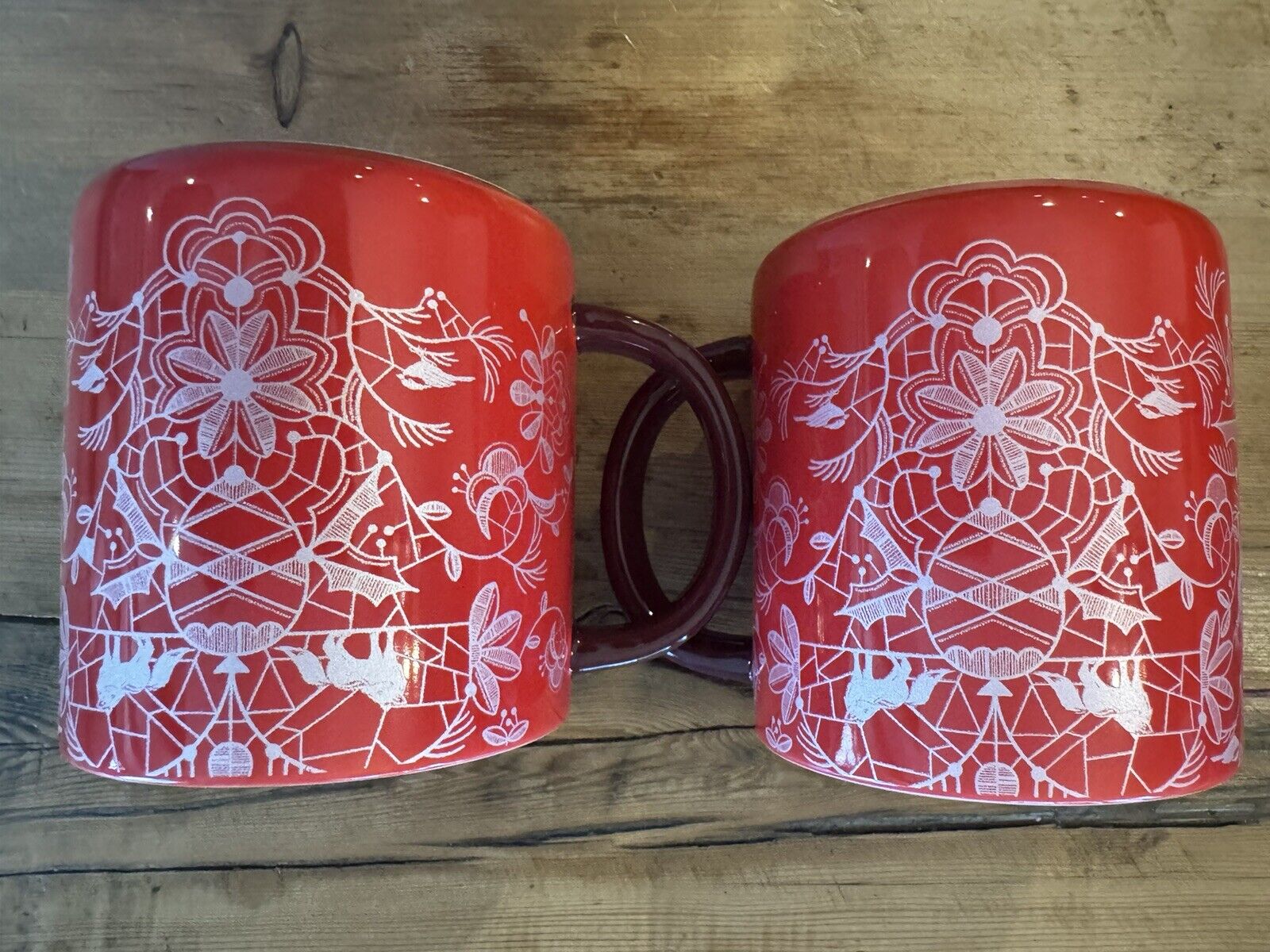 2 Starbucks Woodland Lace Red & Pink Ceramic Mug Foxes Deer NIB