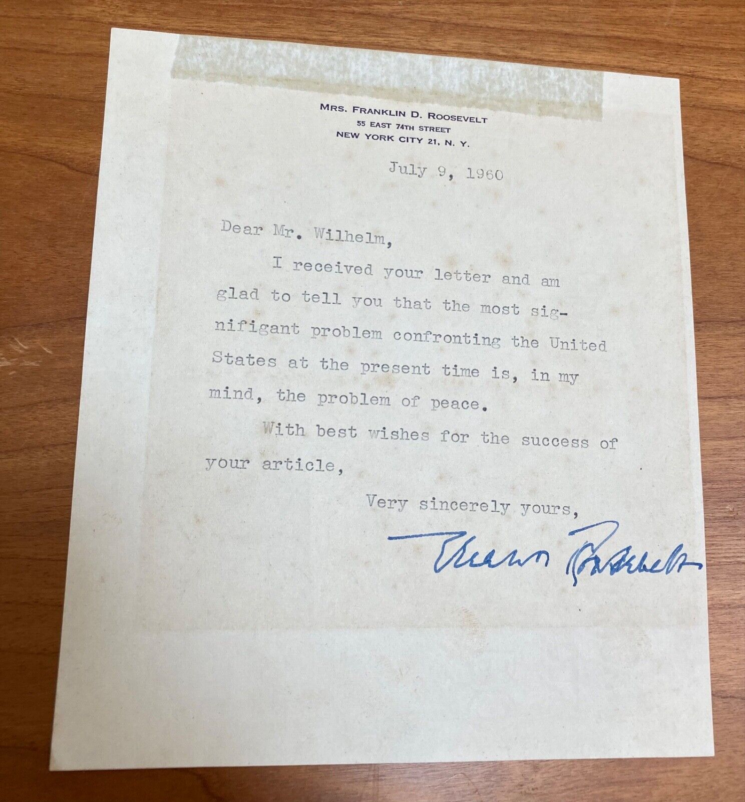 Eleanor Roosevelt signed letter with the problem of Peace