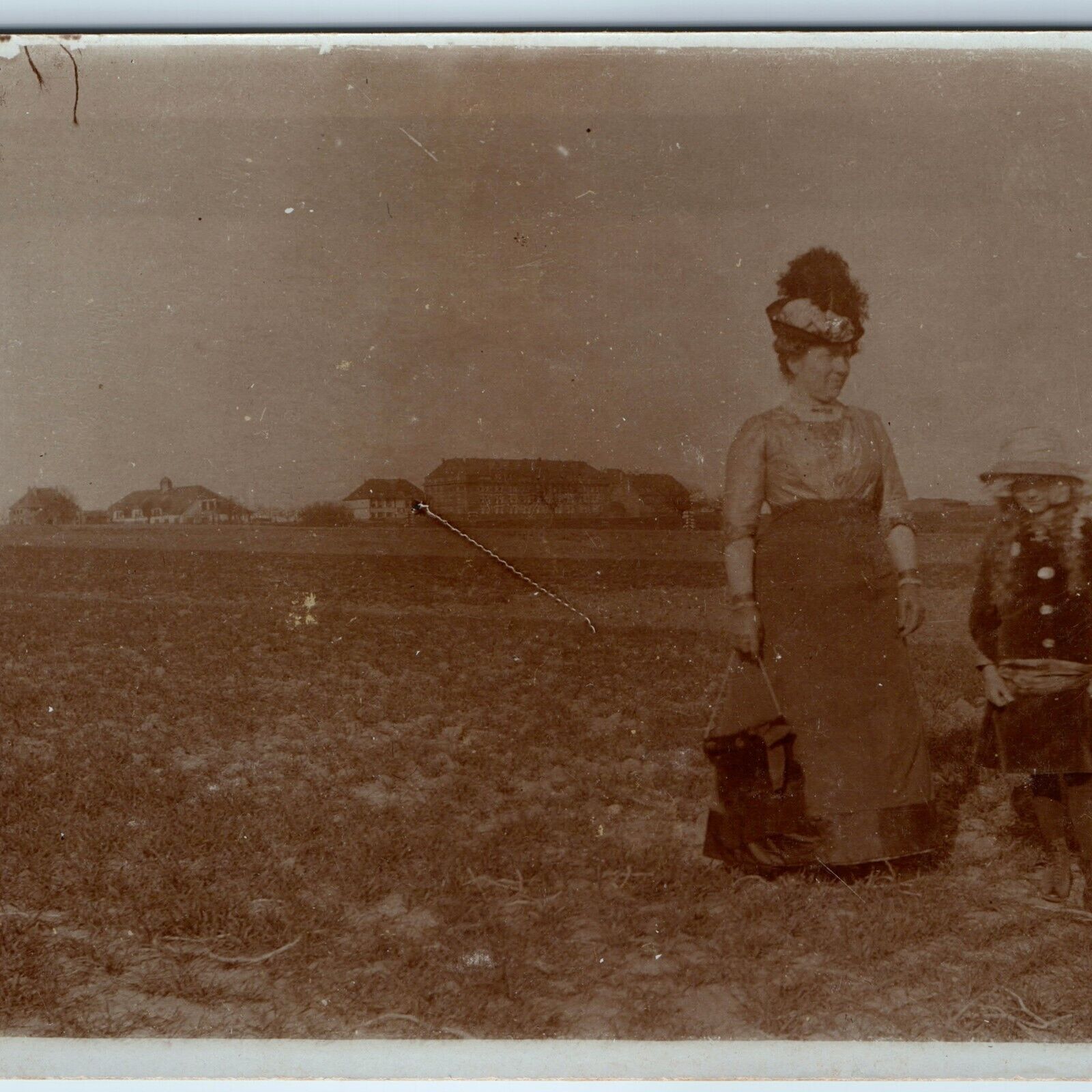 c1910s Adorable Fancy Mother & Little Girl RPPC Strange Field Real Photo PC A214