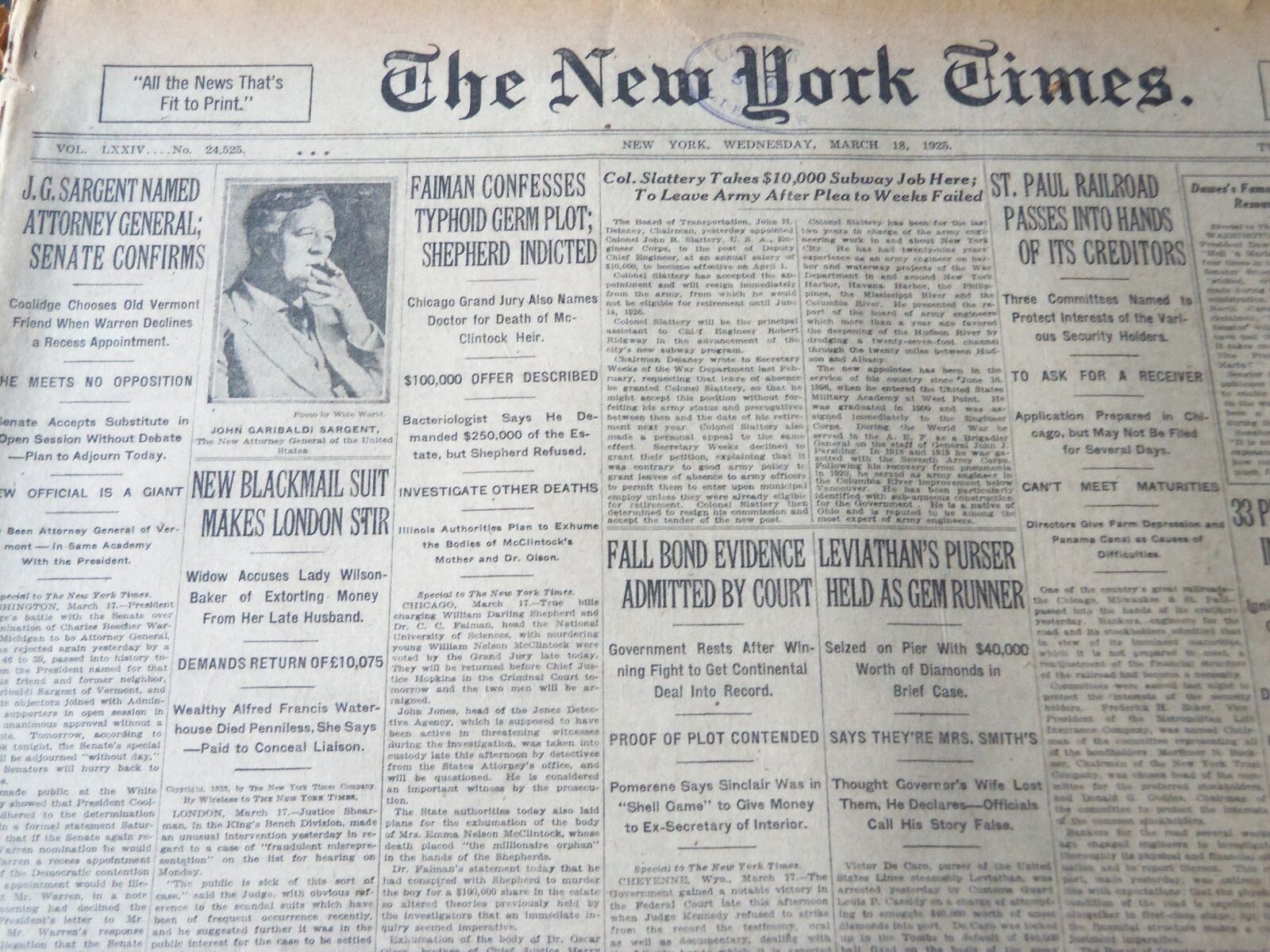 1925 MARCH 18 NEW YORK TIMES - FAIMAN CONFESSES TYPHOID GERM PLOT - NT 7196
