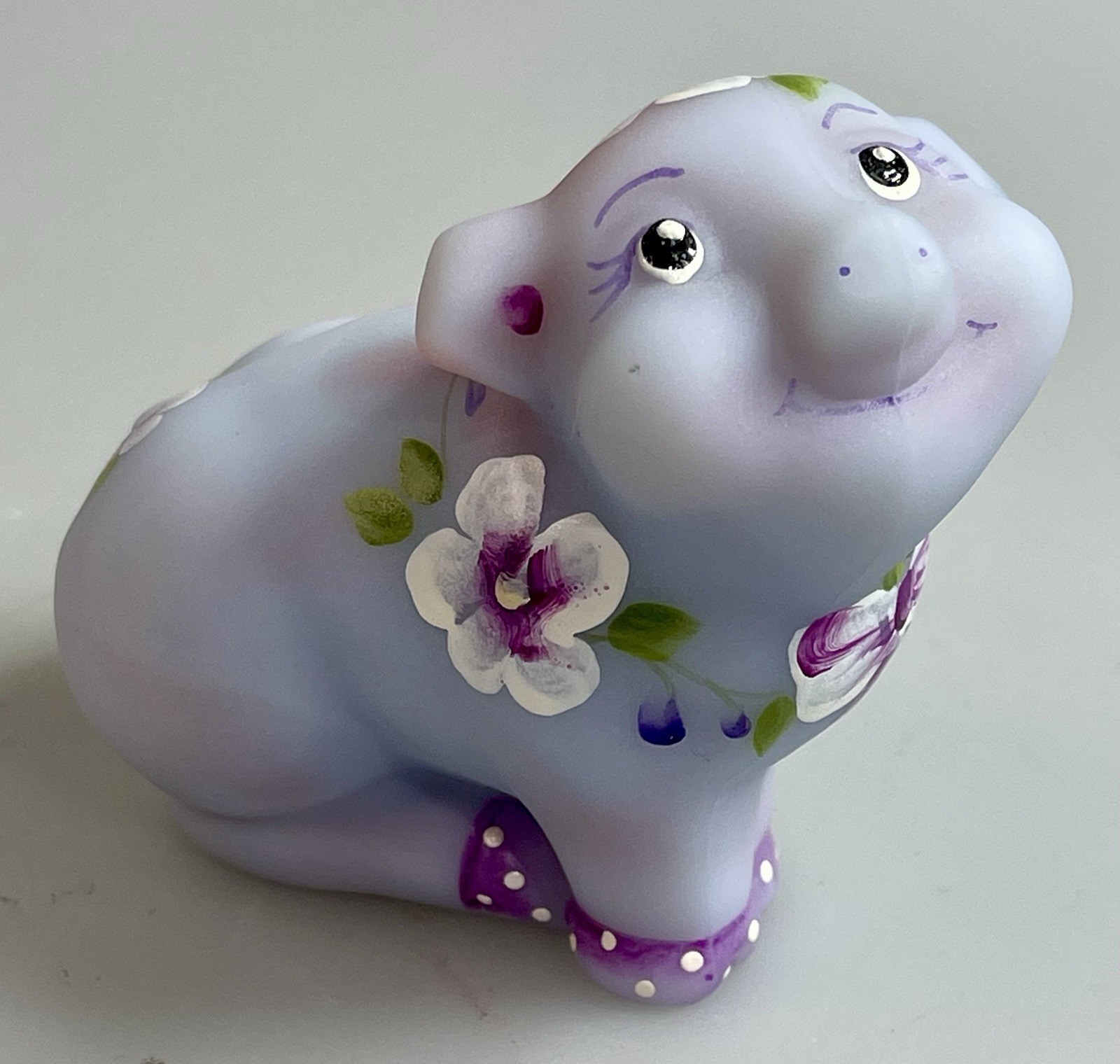 Fenton Lavender Burmese Perky Pig~Hand Painted Flowers & Bow Signed M. Caplinger