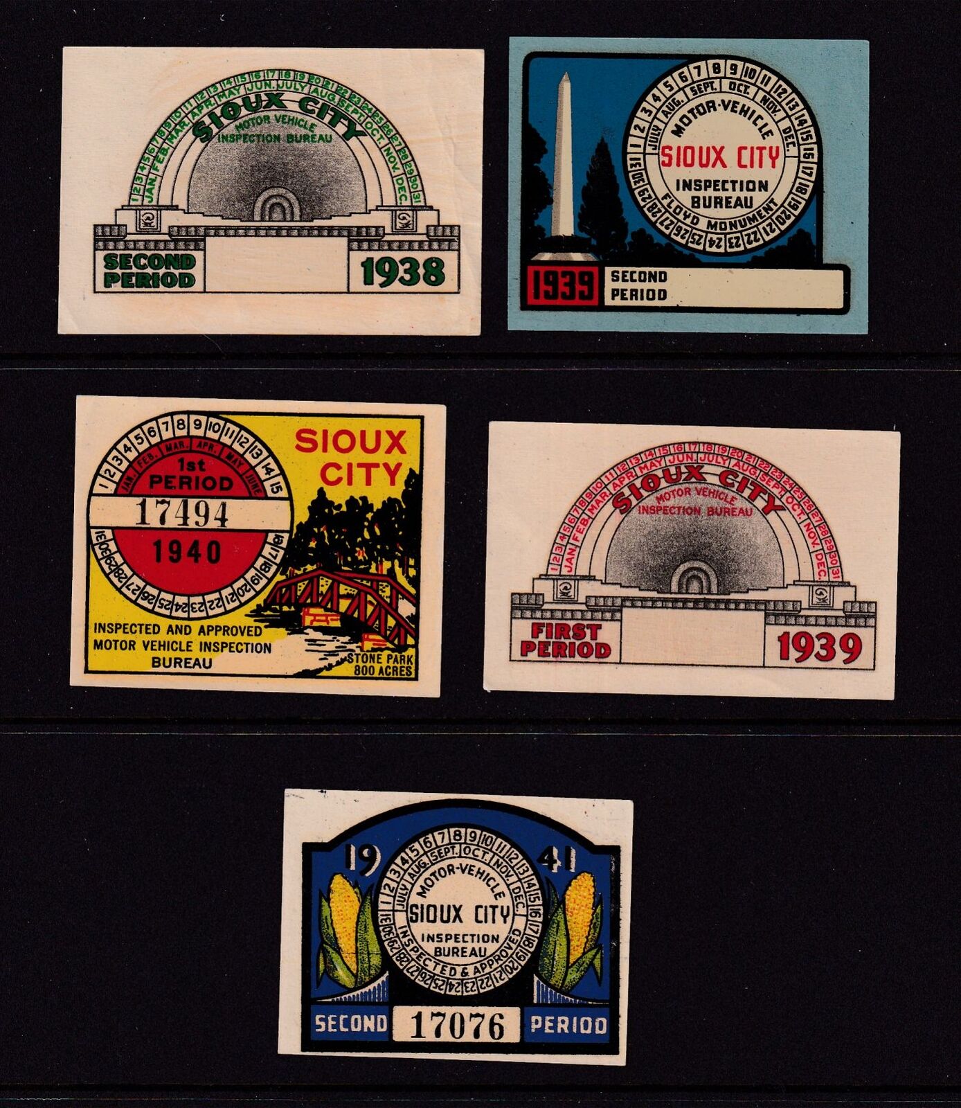 1938-1941 Sioux City Iowa IA vehicle inspection decals 5 different unused
