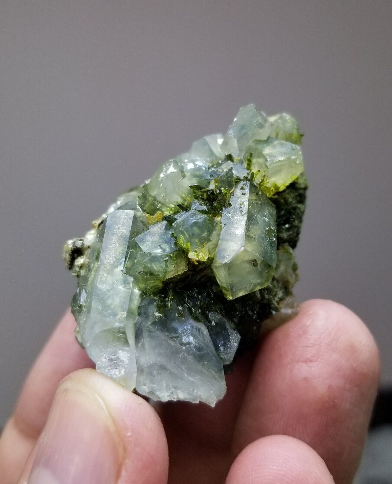 Natural Green Epidote Included Quartz Crystals On Matrix With Transparency, 38 G