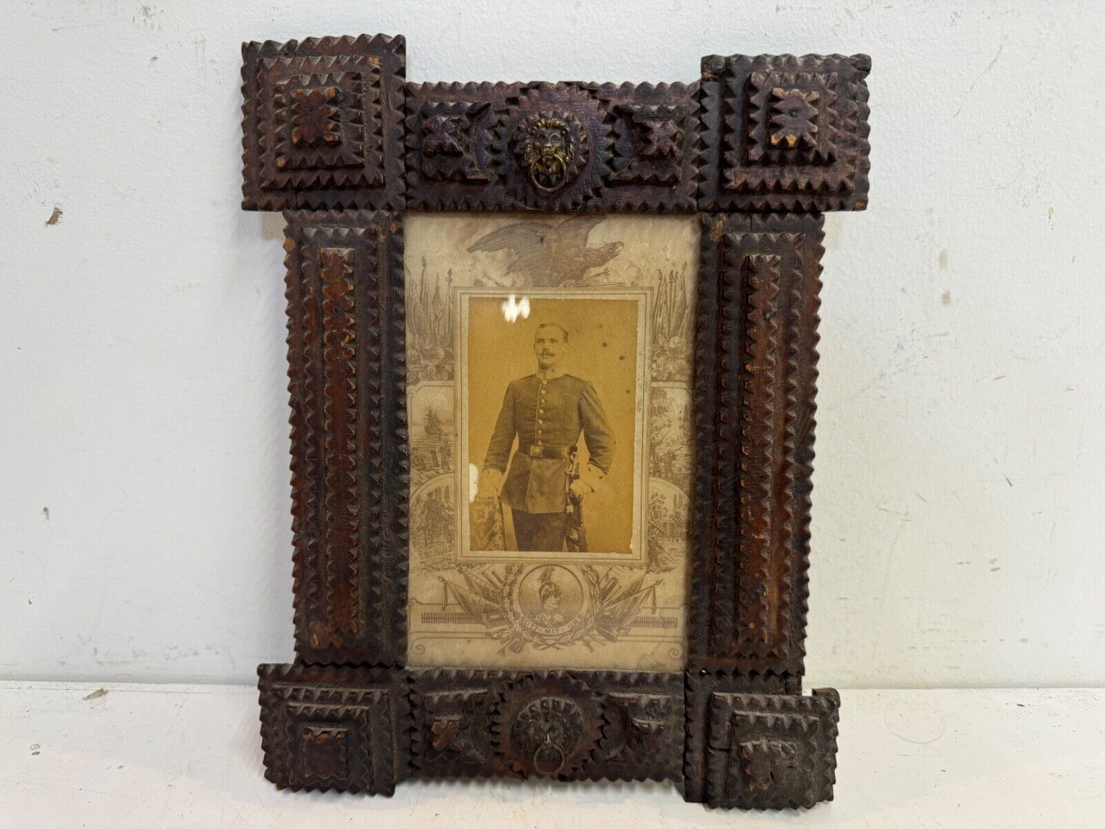 Antique 19th Century Tramp Art Wooden Carved Frame with Prussian Solider Photo