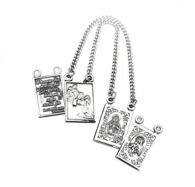 Sterling Silver Two Piece Scapular Medals 0.9 In x 0.5 In Rhodium Plated Chain