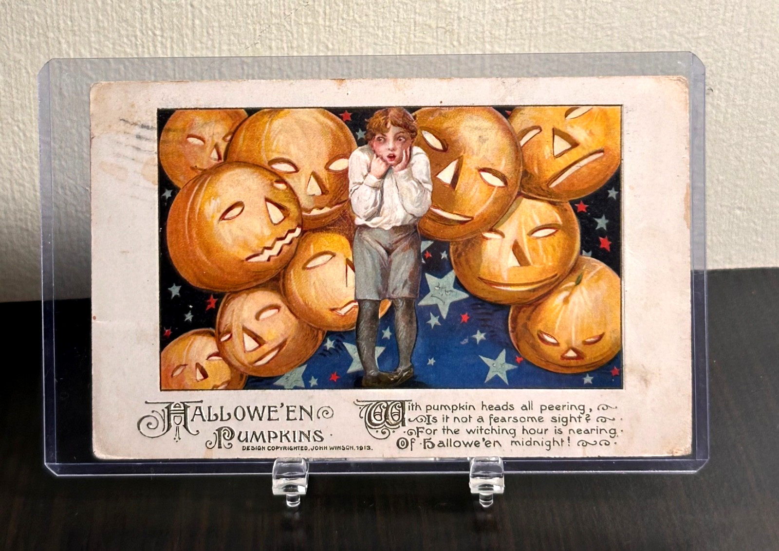 1913 John Winsch “Halloween Pumpkins” Postcard Embossed Child & Jack‑O’-Lanterns
