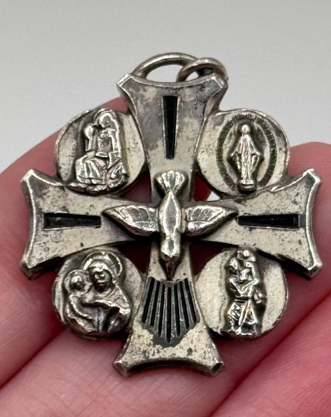 Vintage Creed Sterling Silver Four Way Cross Dove Medal Pendant