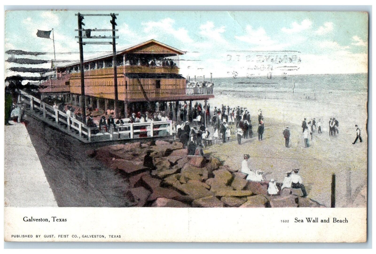 1907 Seawall & Beach Tourists Watching Sightseeing Galveston Texas TX Postcard