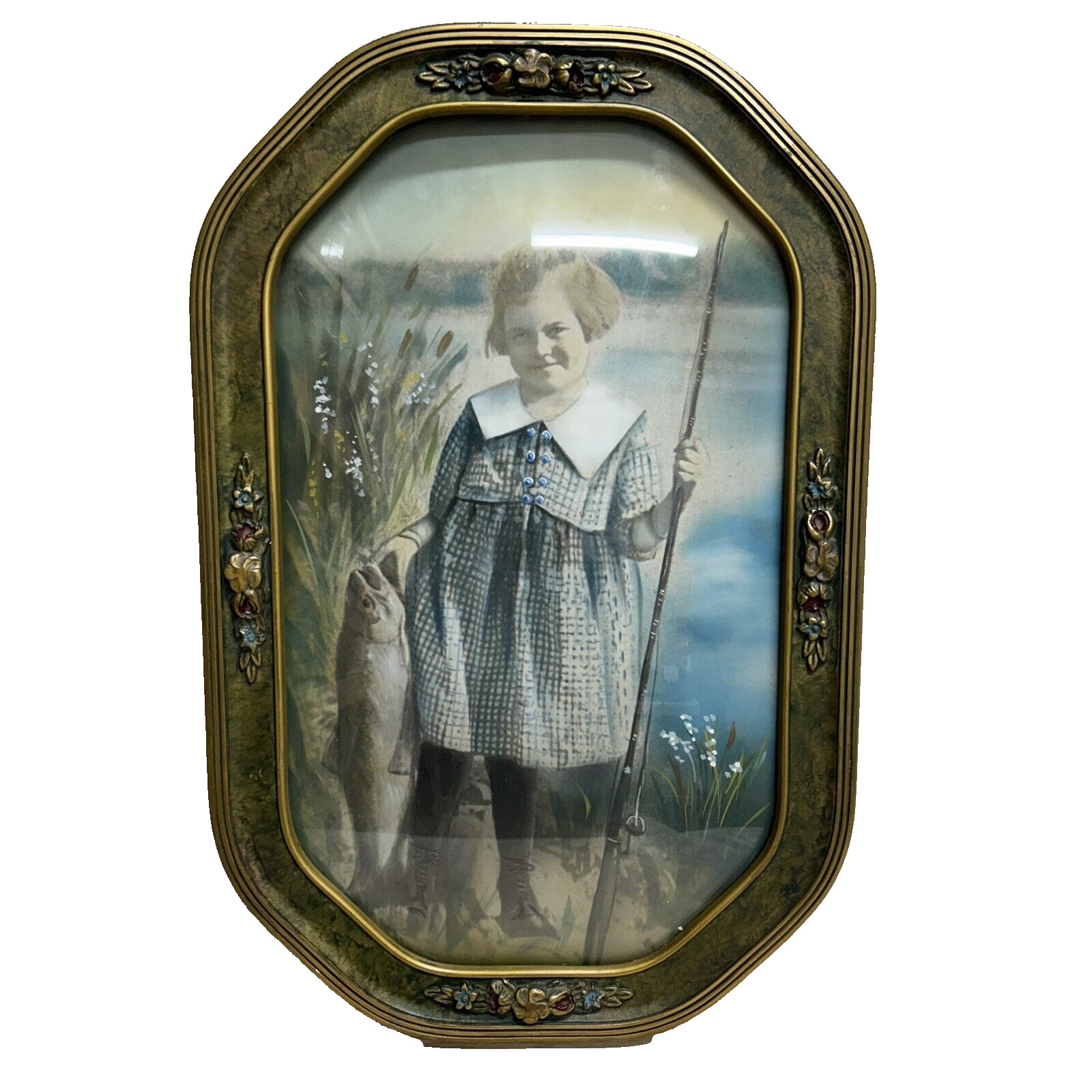 Antique Convex Bubble Glass Picture Of A Girl With Fish and Rod In A Gilt Frame