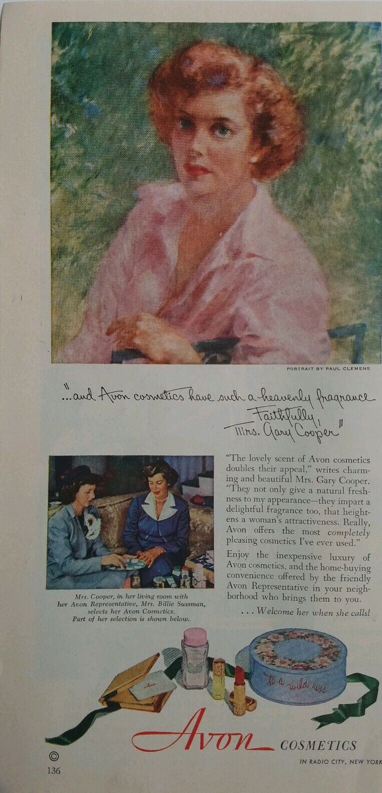 1951 Avon Cosmetics portrait mrs. Gary Cooper redhead vintage ad