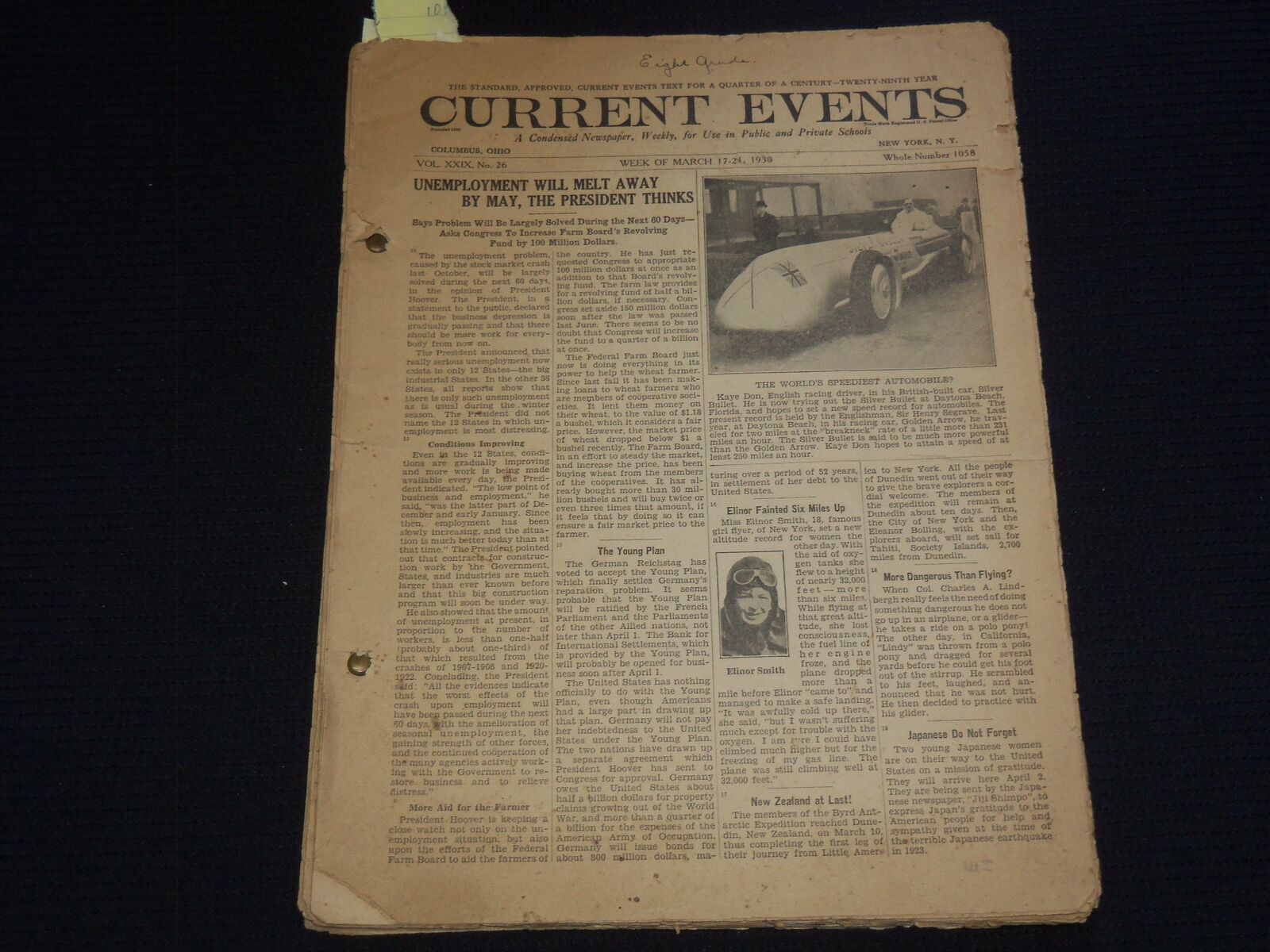 1930-1931 CURRENT EVENTS BOUND NEWSPAPER- BOBBY JONES- 28 ISSUES - NP 2151B