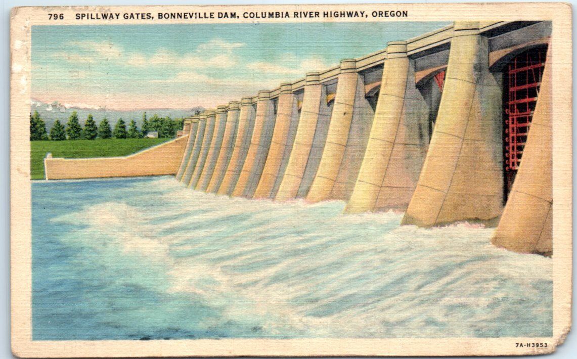 Postcard - Spillway Gates, Bonneville Dam, Columbia River Highway - Oregon