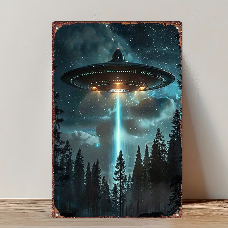Vintage Featuring UFO Alien Invasion Scene Tin Metal Signs Home Décor 8x12