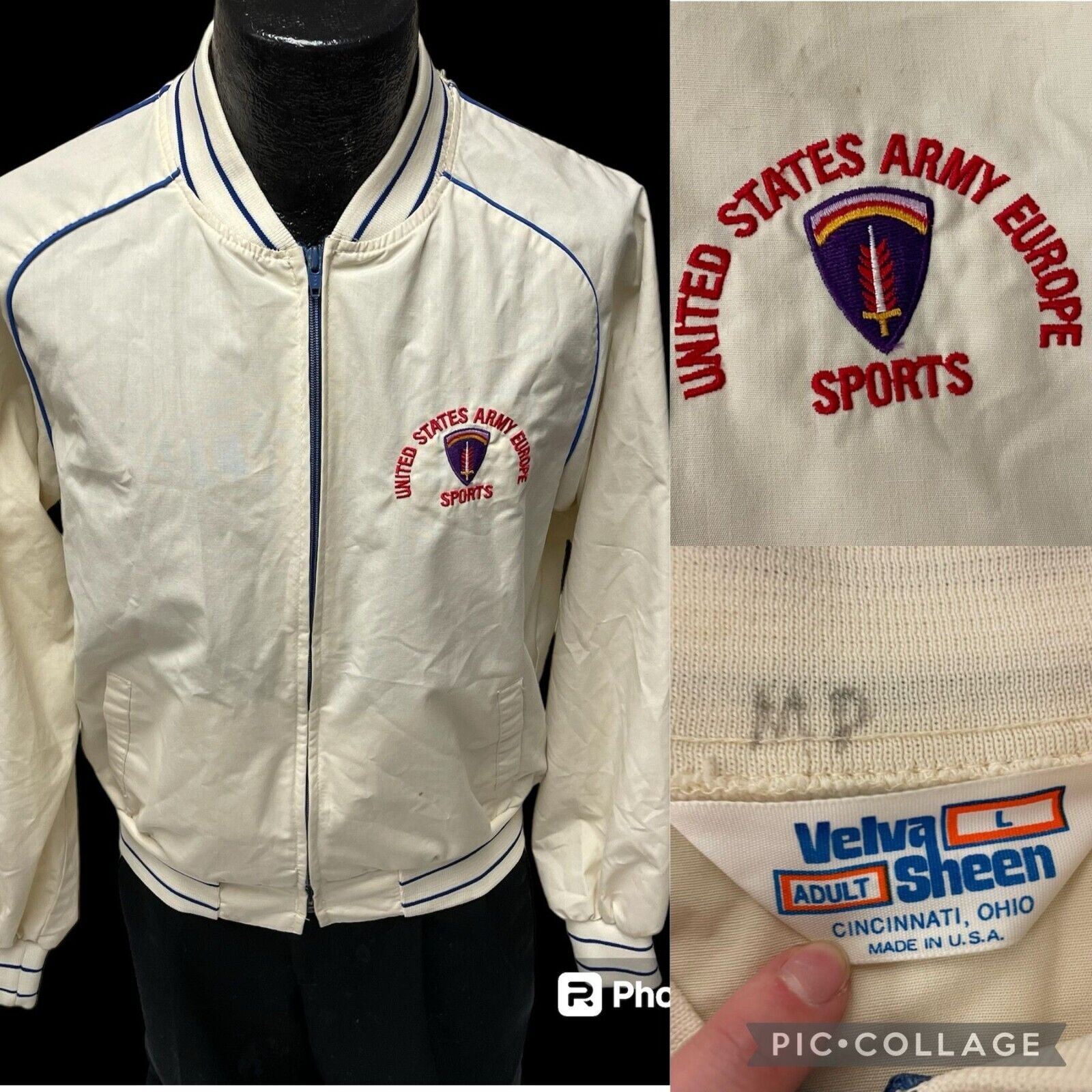 Vtg 70's Velva Sheen USA White Blue Stadium Coat US ARMY SPORTS Europe Jacket L