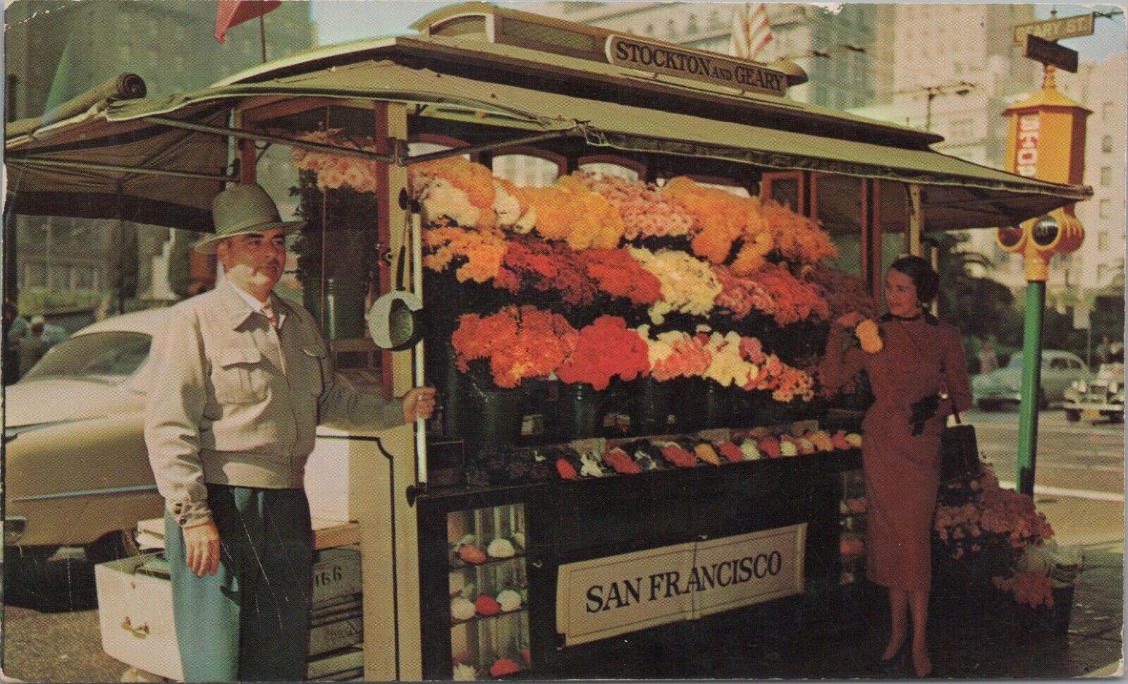 c1950s street flower vendors Stockton Geary San Francisco CA postcard A105