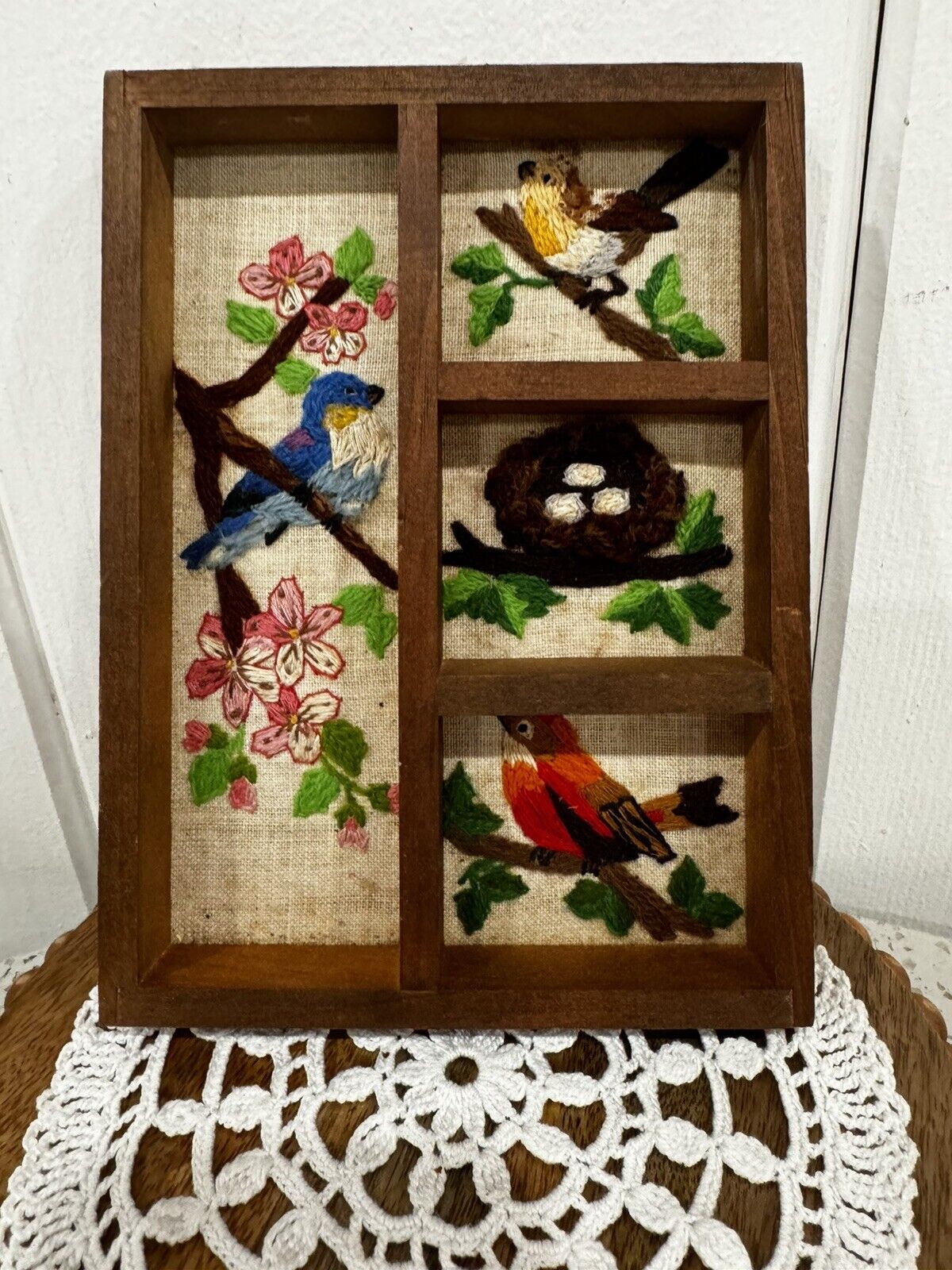 Vintage Bucilla Needlepoint Nesting Time Shadow Box (completed)